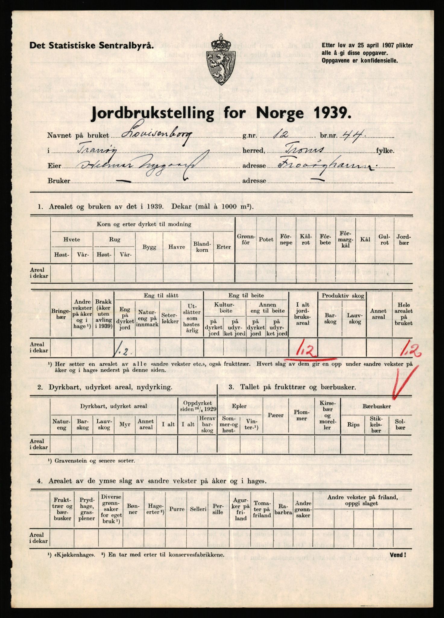 Statistisk sentralbyrå, Næringsøkonomiske emner, Jordbruk, skogbruk, jakt, fiske og fangst, AV/RA-S-2234/G/Gb/L0341: Troms: Sørreisa og Tranøy, 1939, s. 868