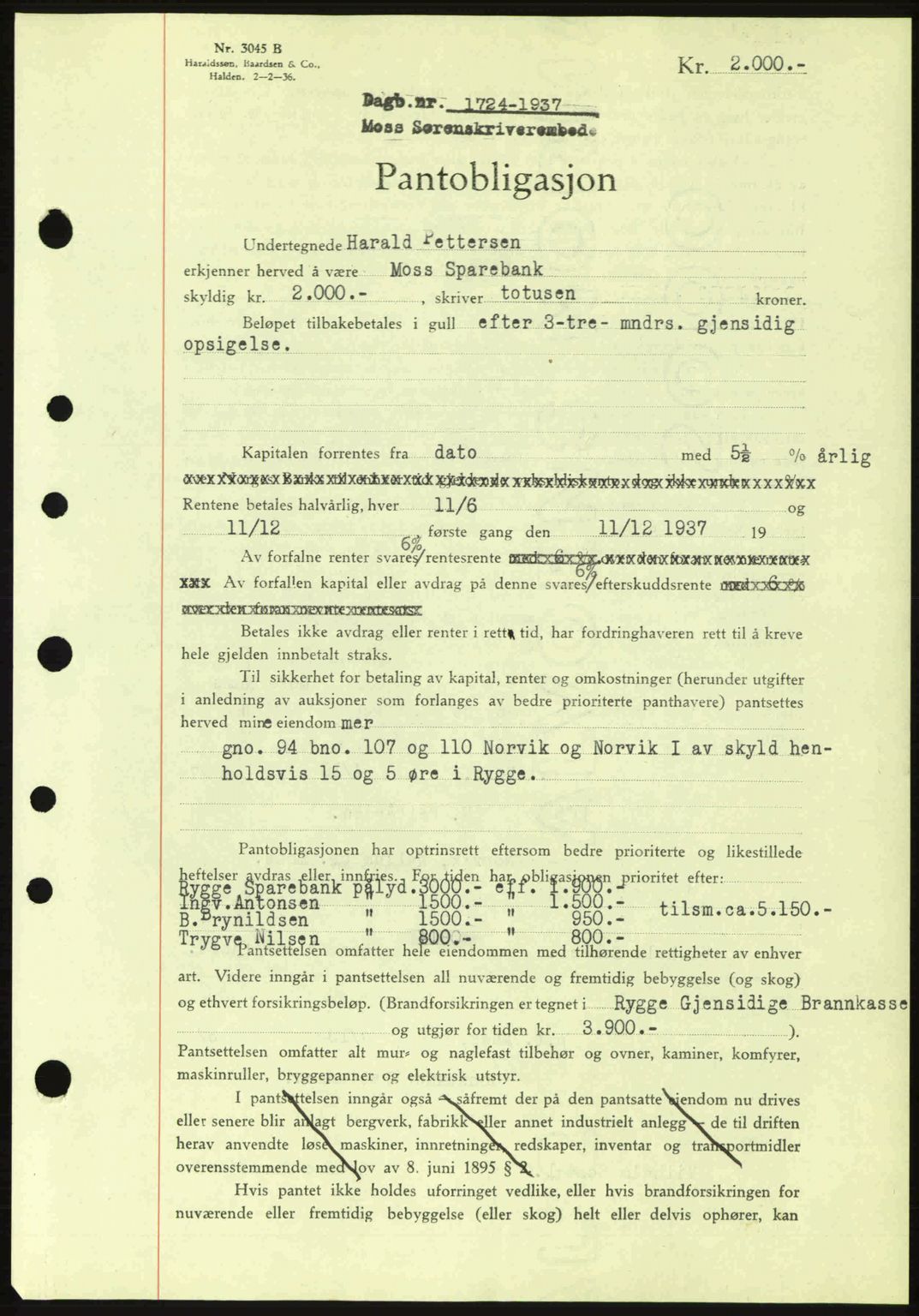 Moss sorenskriveri, SAO/A-10168: Pantebok nr. B4, 1937-1938, Dagboknr: 1724/1937