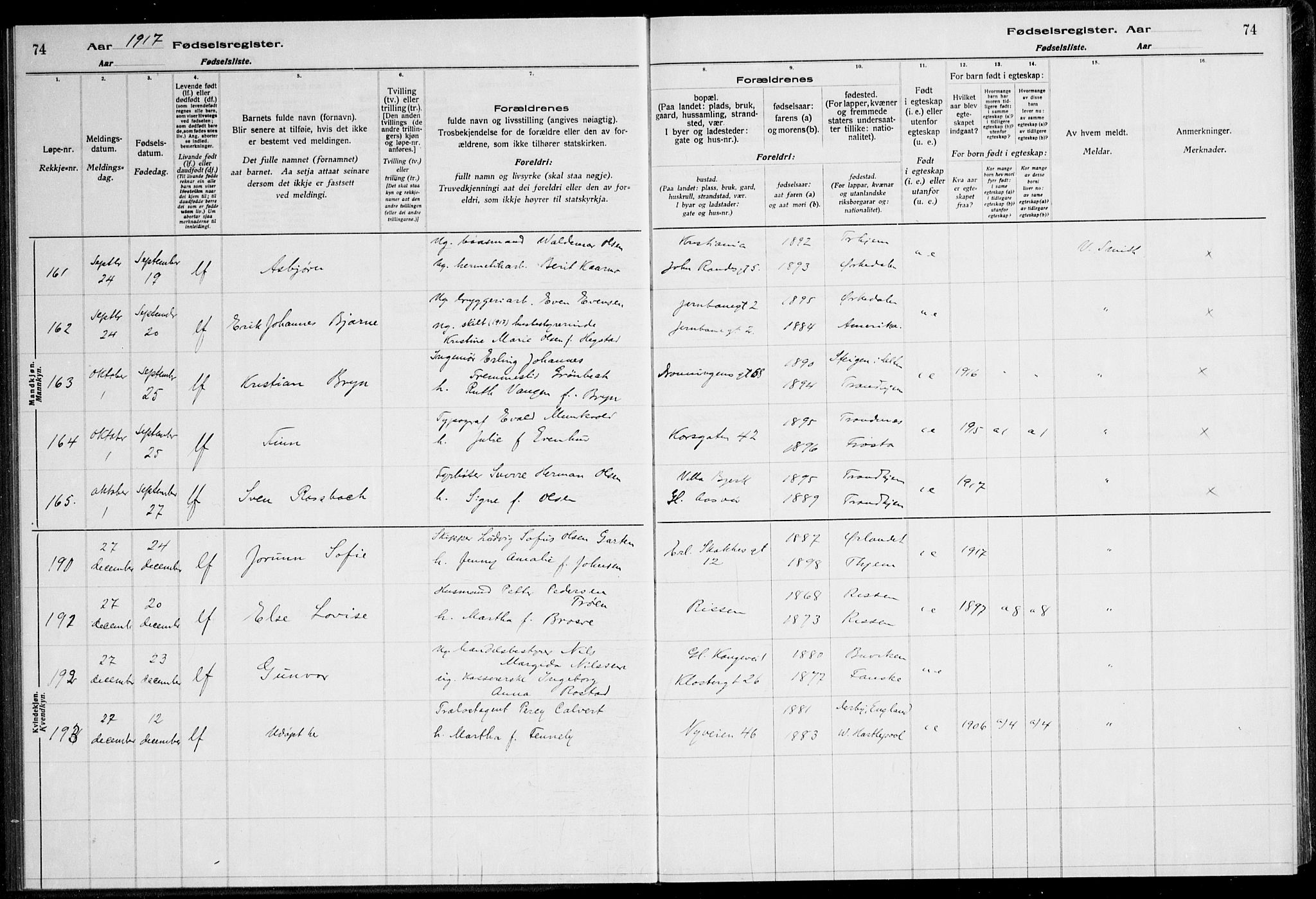 Ministerialprotokoller, klokkerbøker og fødselsregistre - Sør-Trøndelag, AV/SAT-A-1456/600/L0002: Fødselsregister nr. 600.II.4.1, 1916-1920, s. 74