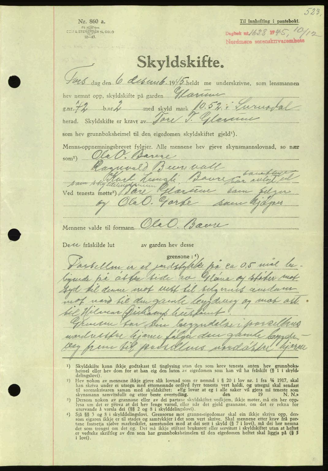 Nordmøre sorenskriveri, AV/SAT-A-4132/1/2/2Ca: Pantebok nr. A100a, 1945-1945, Dagboknr: 1638/1945