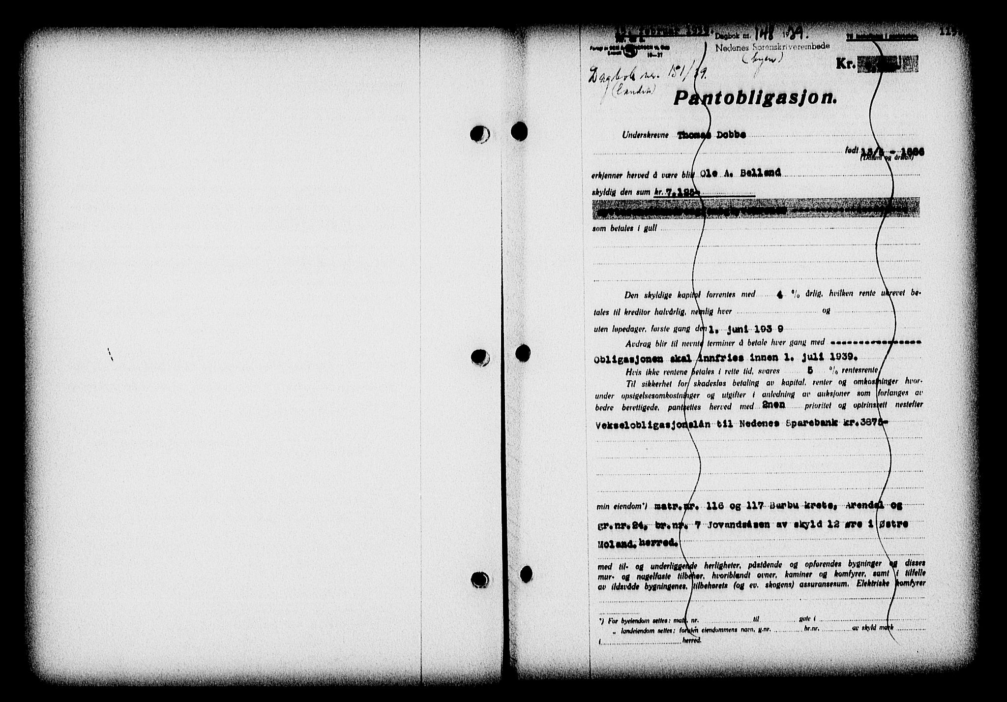 Nedenes sorenskriveri, SAK/1221-0006/G/Gb/Gba/L0046: Pantebok nr. 42, 1938-1939, Dagboknr: 148/1939