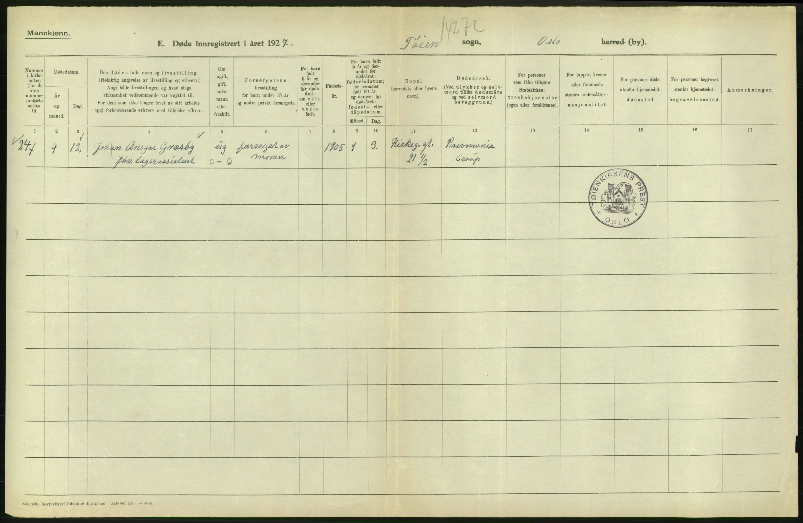 Statistisk sentralbyrå, Sosiodemografiske emner, Befolkning, AV/RA-S-2228/D/Df/Dfc/Dfcg/L0009: Oslo: Døde menn, 1927, s. 612