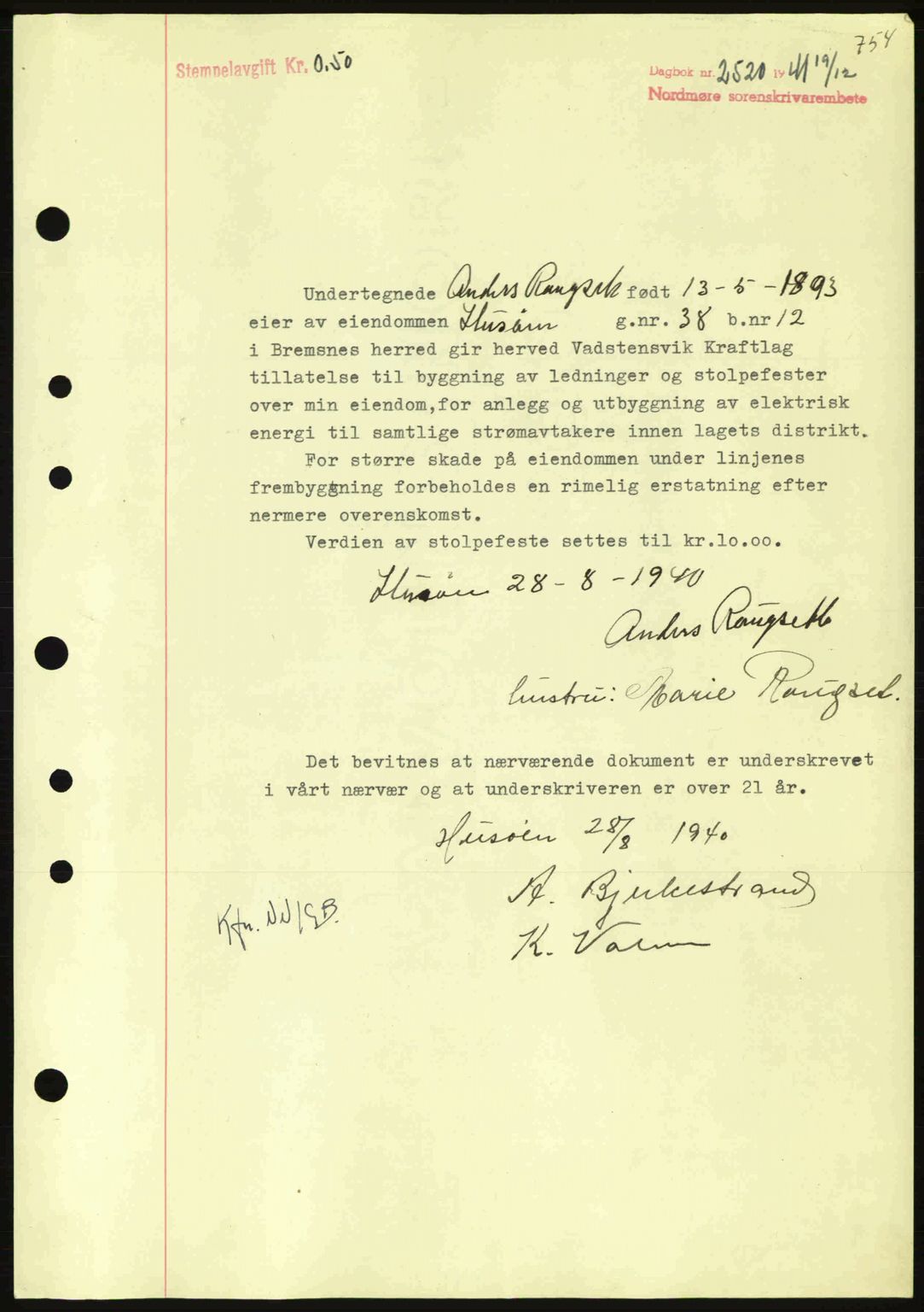 Nordmøre sorenskriveri, SAT/A-4132/1/2/2Ca: Pantebok nr. B88, 1941-1942, Dagboknr: 2520/1941