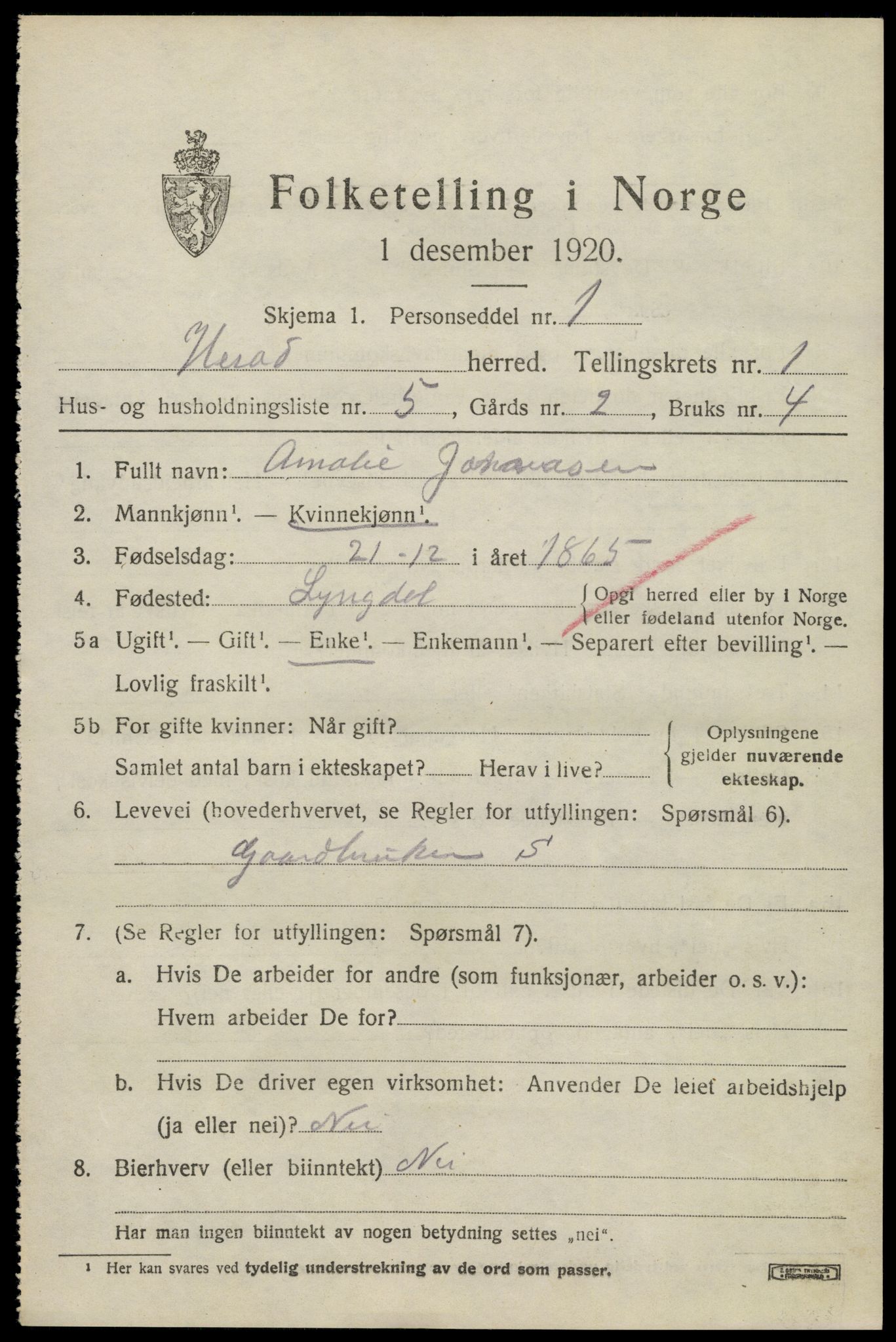 SAK, Folketelling 1920 for 1039 Herad herred, 1920, s. 478