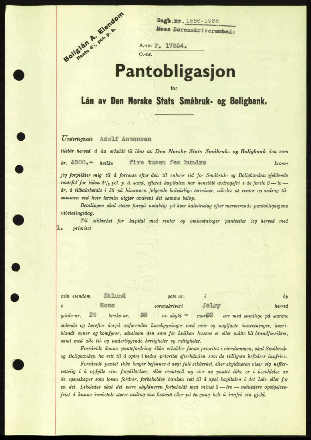 Moss sorenskriveri, SAO/A-10168: Pantebok nr. B6, 1938-1938, Dagboknr: 1586/1938