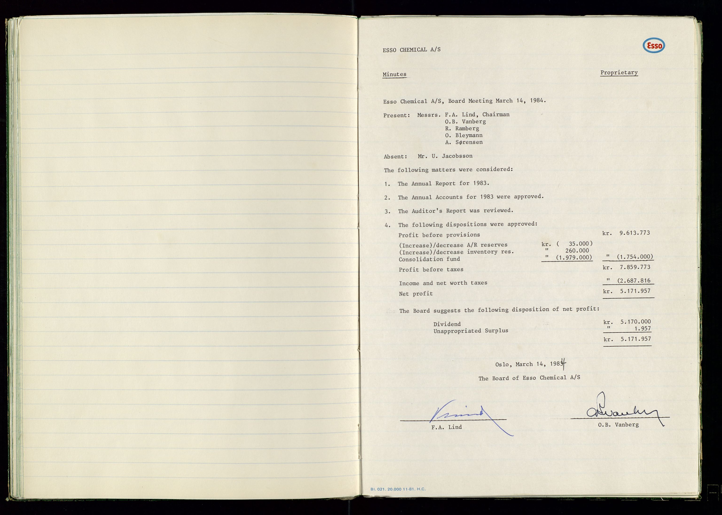 PA 1538 - Exxon Chemical Norge A/S, AV/SAST-A-101958/A/Aa/L0001/0001: Generalforsamlinger og styreprotokoller / Styreprotokoll, 1966-1996