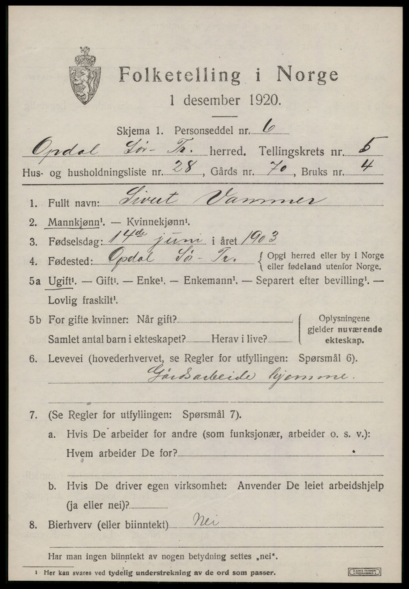 SAT, Folketelling 1920 for 1634 Oppdal herred, 1920, s. 5275