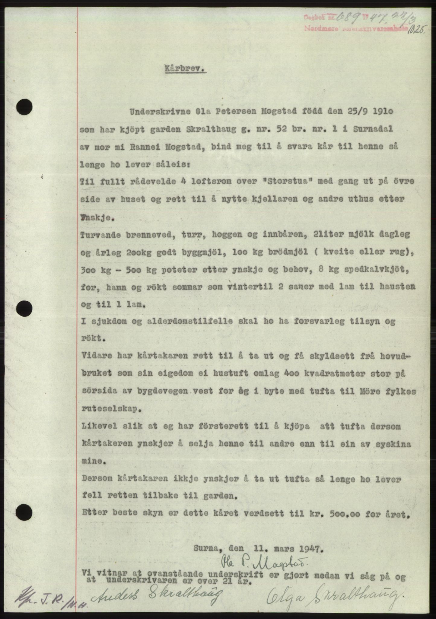 Nordmøre sorenskriveri, SAT/A-4132/1/2/2Ca: Pantebok nr. B95, 1946-1947, Dagboknr: 689/1947
