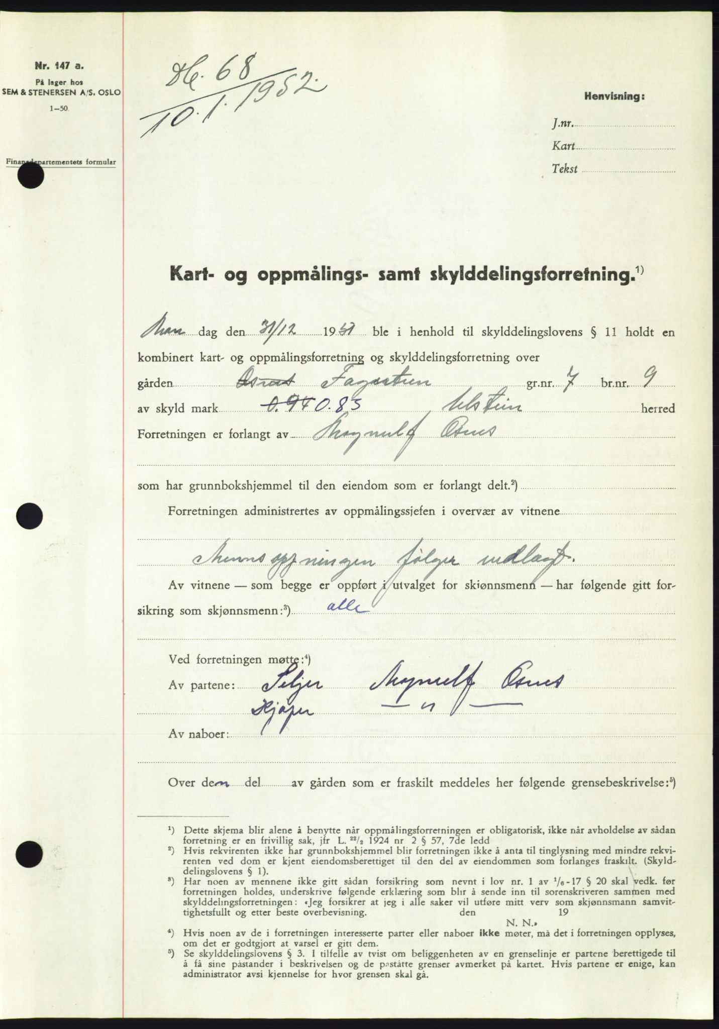 Søre Sunnmøre sorenskriveri, SAT/A-4122/1/2/2C/L0091: Pantebok nr. 17A, 1951-1952, Dagboknr: 68/1952