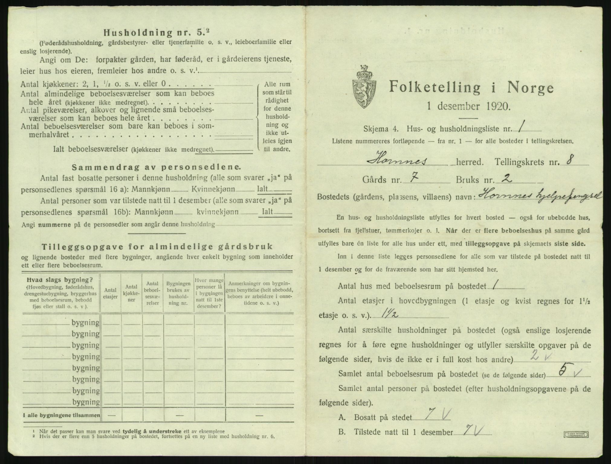 SAK, Folketelling 1920 for 0936 Hornnes herred, 1920, s. 287