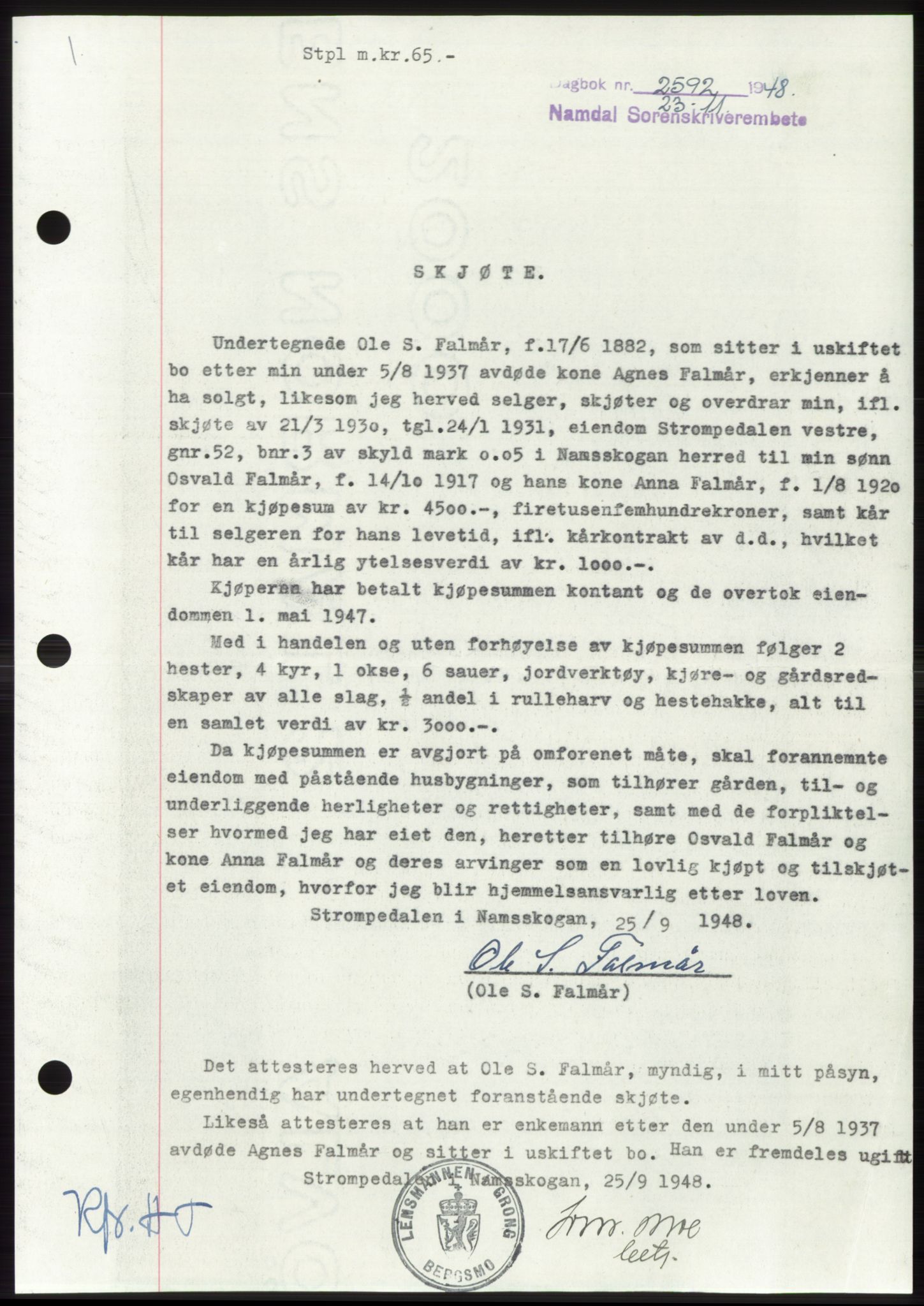 Namdal sorenskriveri, SAT/A-4133/1/2/2C: Pantebok nr. -, 1948-1948, Dagboknr: 2592/1948