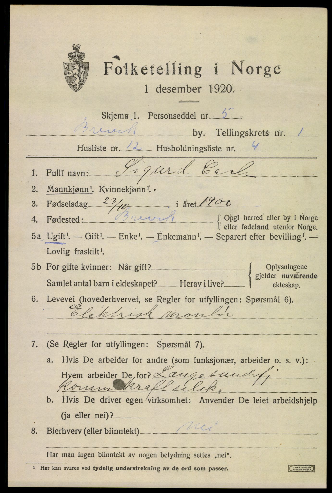 SAKO, Folketelling 1920 for 0804 Brevik kjøpstad, 1920, s. 2298
