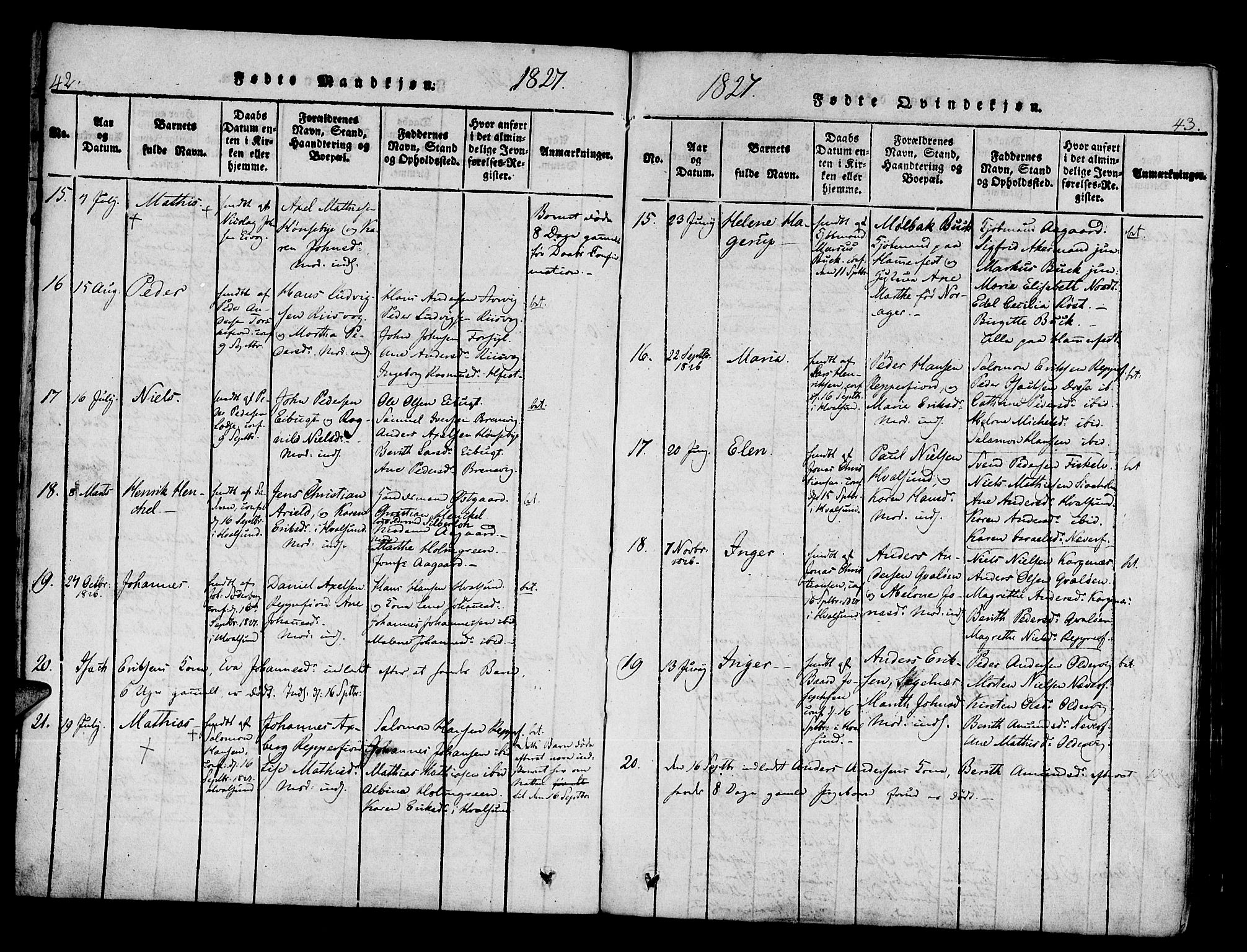 Hammerfest sokneprestkontor, AV/SATØ-S-1347/H/Ha/L0003.kirke: Ministerialbok nr. 3, 1821-1842, s. 42-43