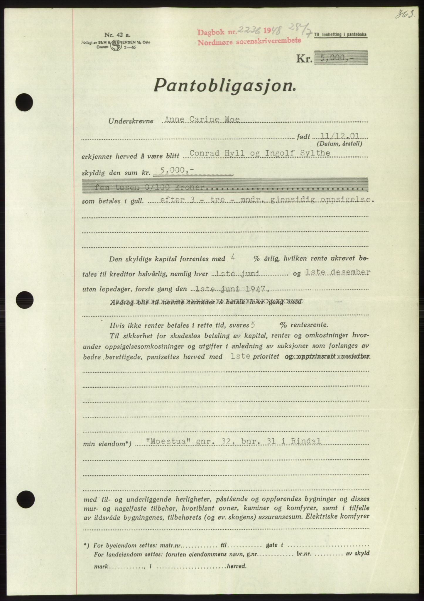 Nordmøre sorenskriveri, SAT/A-4132/1/2/2Ca: Pantebok nr. B99, 1948-1948, Dagboknr: 2236/1948