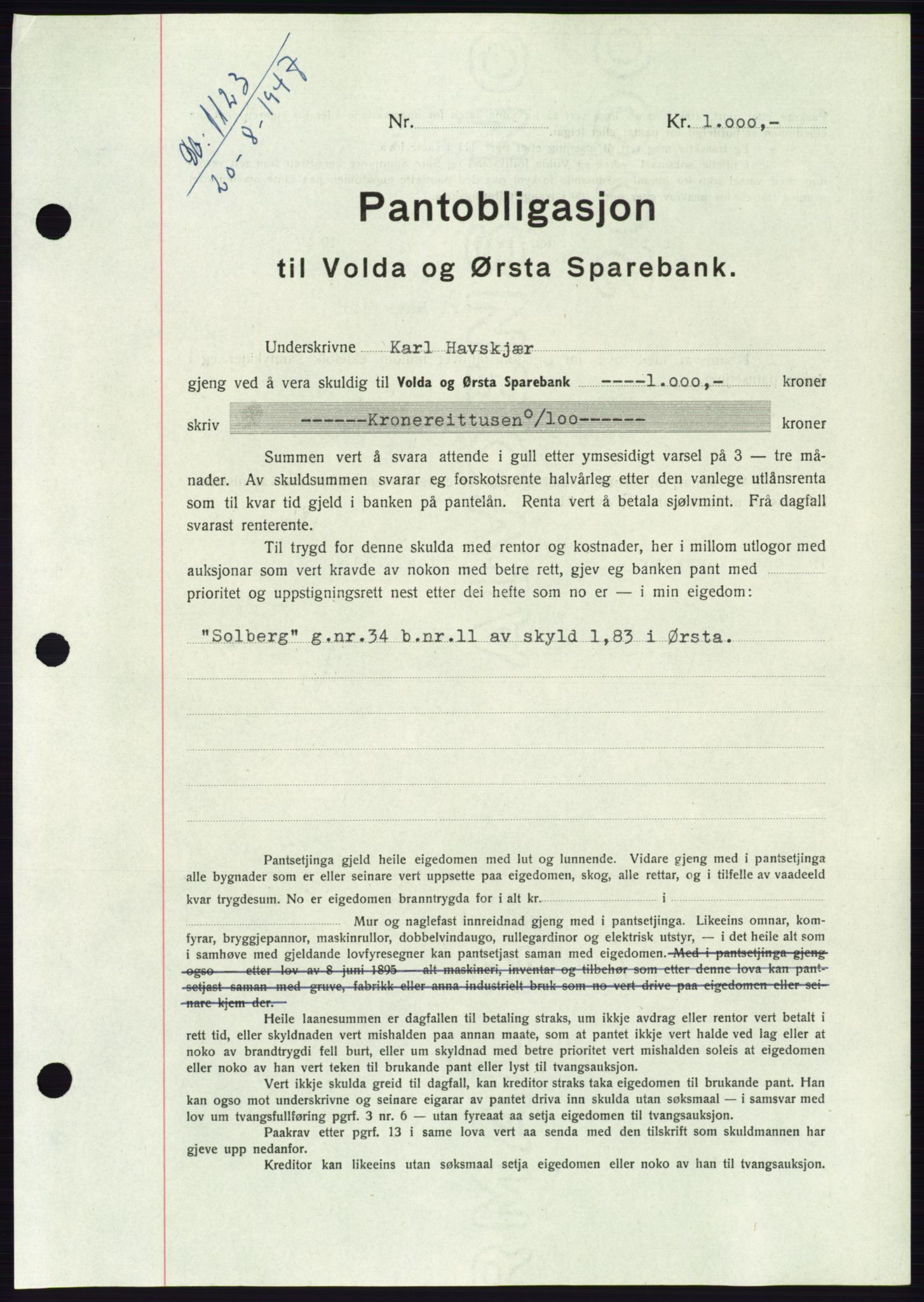 Søre Sunnmøre sorenskriveri, AV/SAT-A-4122/1/2/2C/L0115: Pantebok nr. 3B, 1947-1948, Dagboknr: 1123/1947