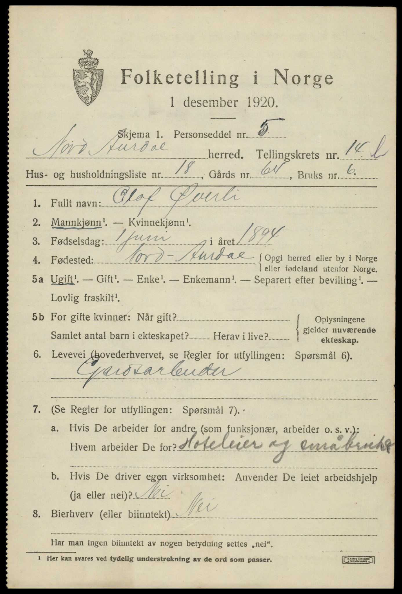 SAH, Folketelling 1920 for 0542 Nord-Aurdal herred, 1920, s. 11150