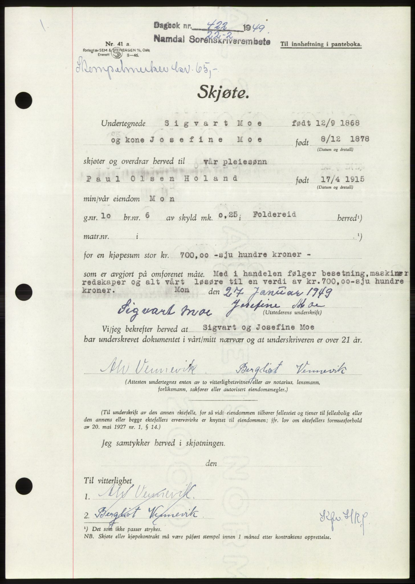 Namdal sorenskriveri, SAT/A-4133/1/2/2C: Pantebok nr. -, 1949-1949, Dagboknr: 422/1949
