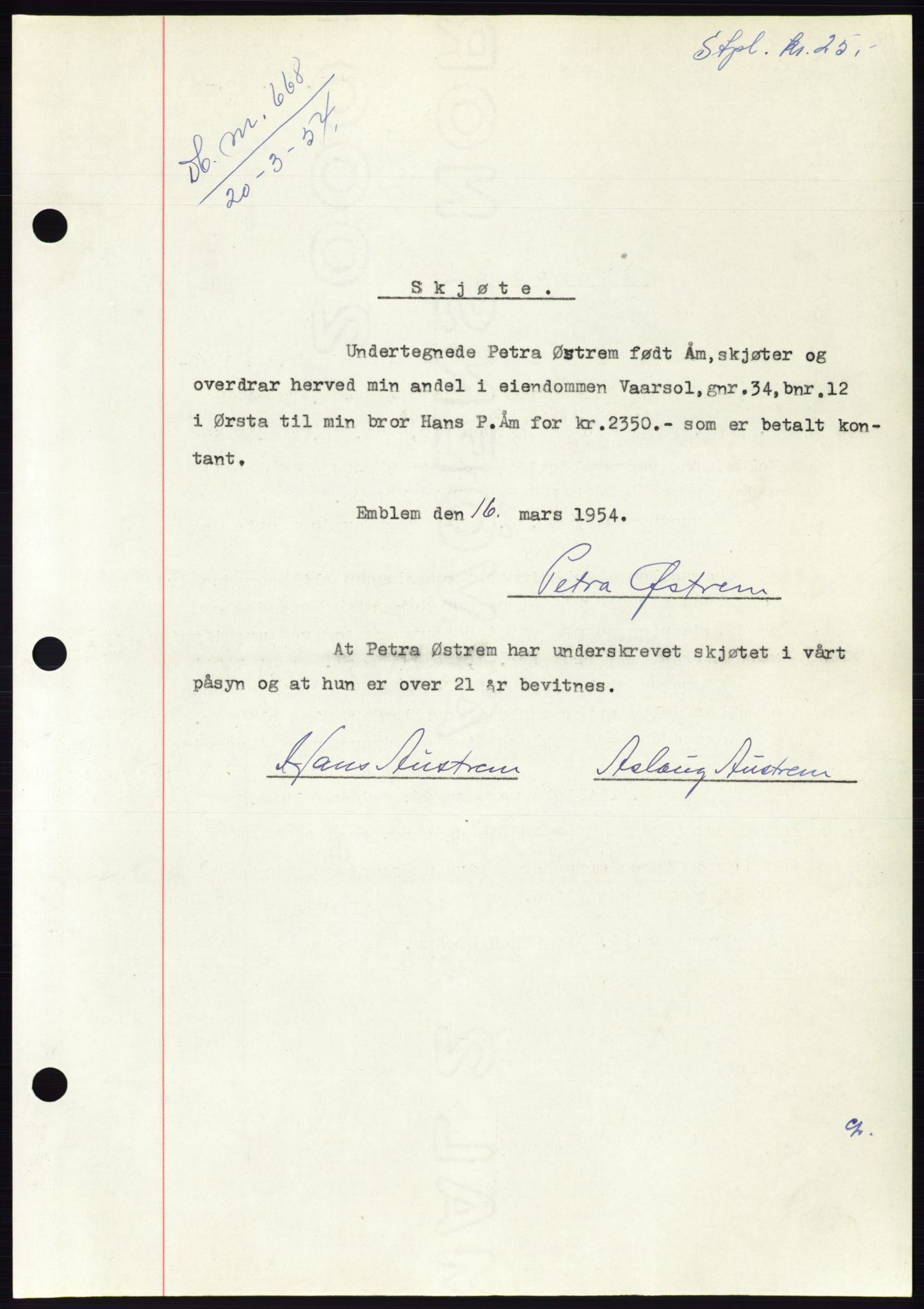 Søre Sunnmøre sorenskriveri, AV/SAT-A-4122/1/2/2C/L0097: Pantebok nr. 23A, 1954-1954, Dagboknr: 668/1954