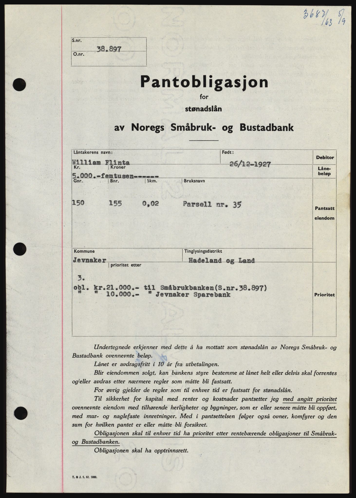 Hadeland og Land tingrett, SAH/TING-010/H/Hb/Hbc/L0052: Pantebok nr. B52, 1963-1963, Dagboknr: 3687/1963
