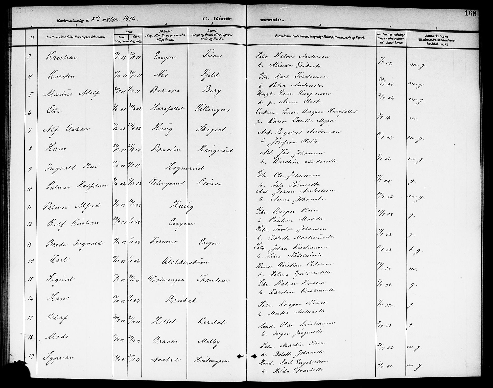 Aurskog prestekontor Kirkebøker, AV/SAO-A-10304a/G/Ga/L0004: Klokkerbok nr. I 4, 1901-1921, s. 168