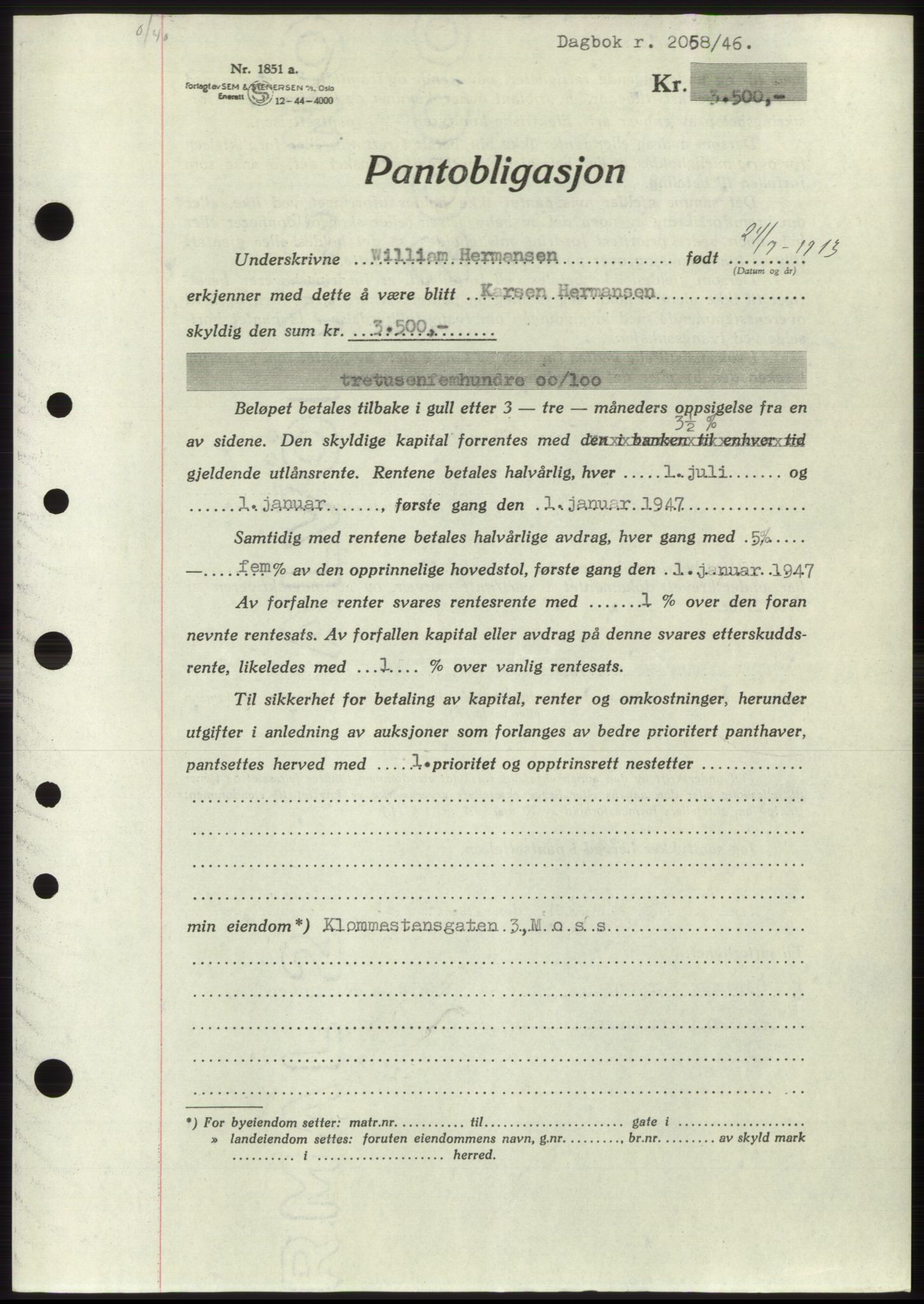 Moss sorenskriveri, SAO/A-10168: Pantebok nr. B15, 1946-1946, Dagboknr: 2058/1946