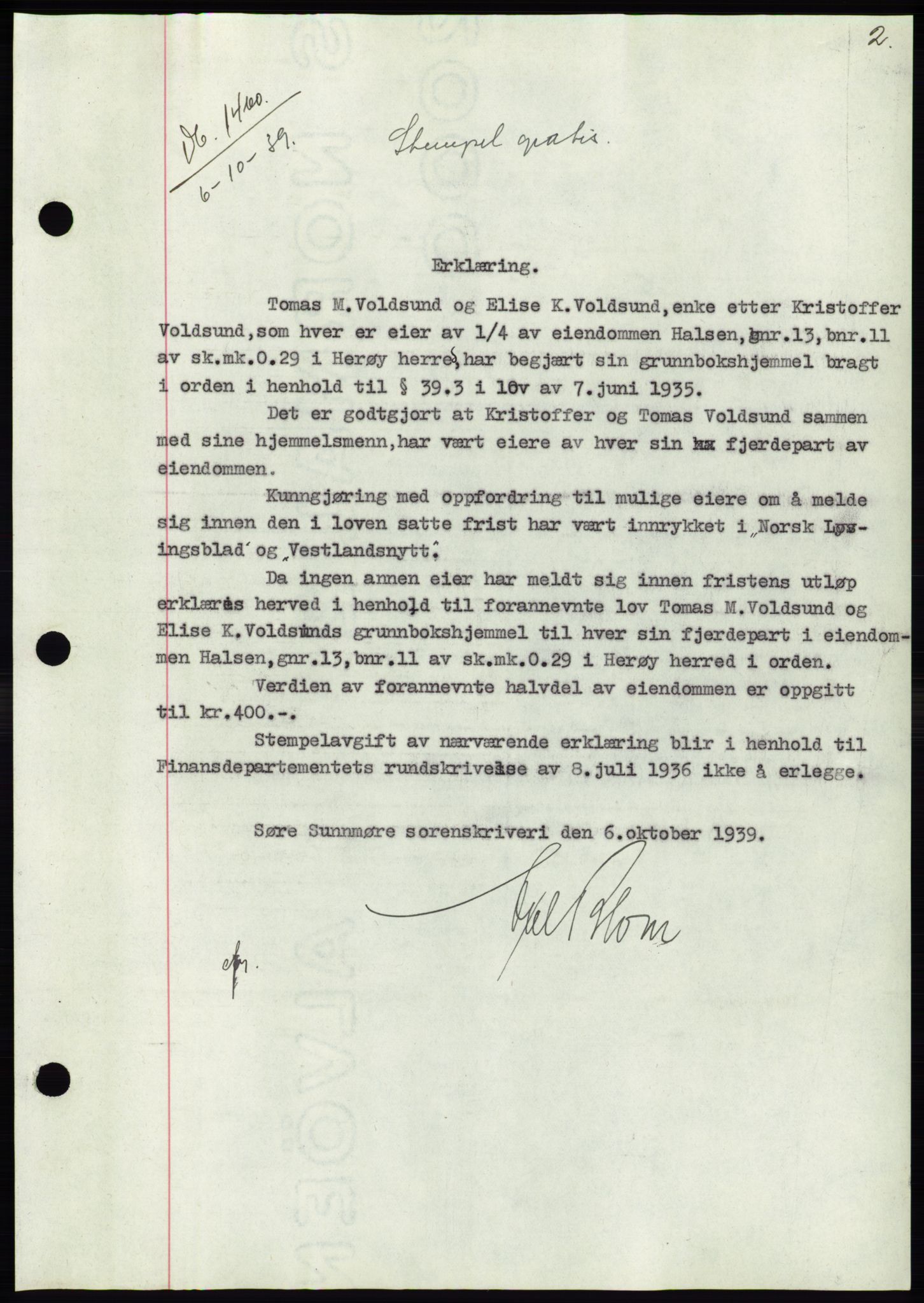 Søre Sunnmøre sorenskriveri, SAT/A-4122/1/2/2C/L0069: Pantebok nr. 63, 1939-1940, Dagboknr: 1460/1939