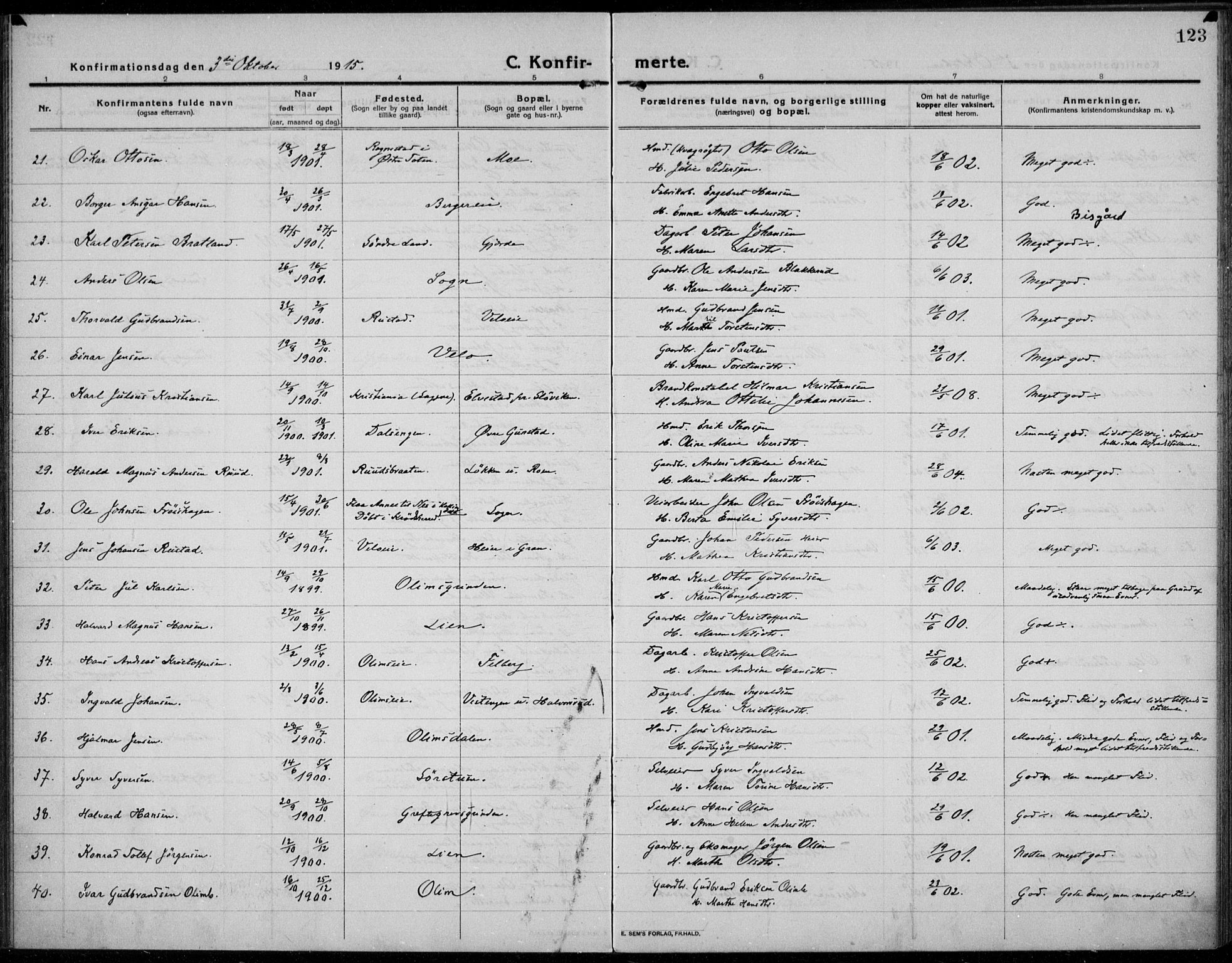 Jevnaker prestekontor, AV/SAH-PREST-116/H/Ha/Haa/L0012: Ministerialbok nr. 12, 1914-1924, s. 123