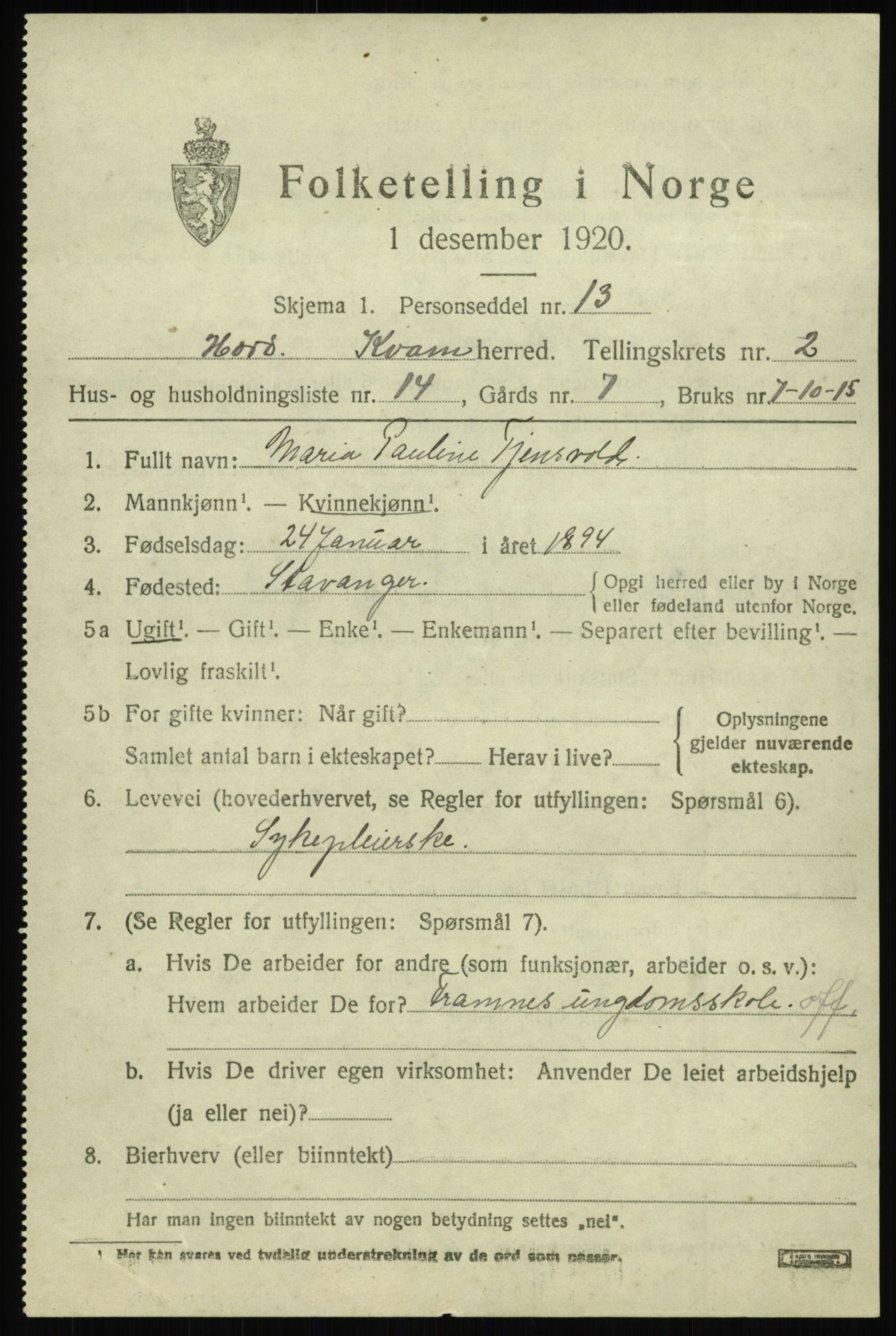 SAB, Folketelling 1920 for 1238 Kvam herred, 1920, s. 1995