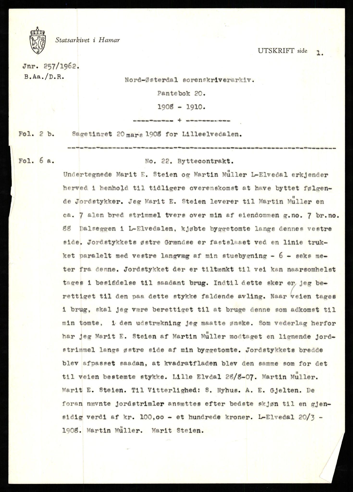 Avskriftssamlingen ved Statsarkivet i Hamar, SAH/AVSKRIFT-001/H/Hs/Hsa/L0020: Pantebok for Nord-Østerdal, 1908-1910
