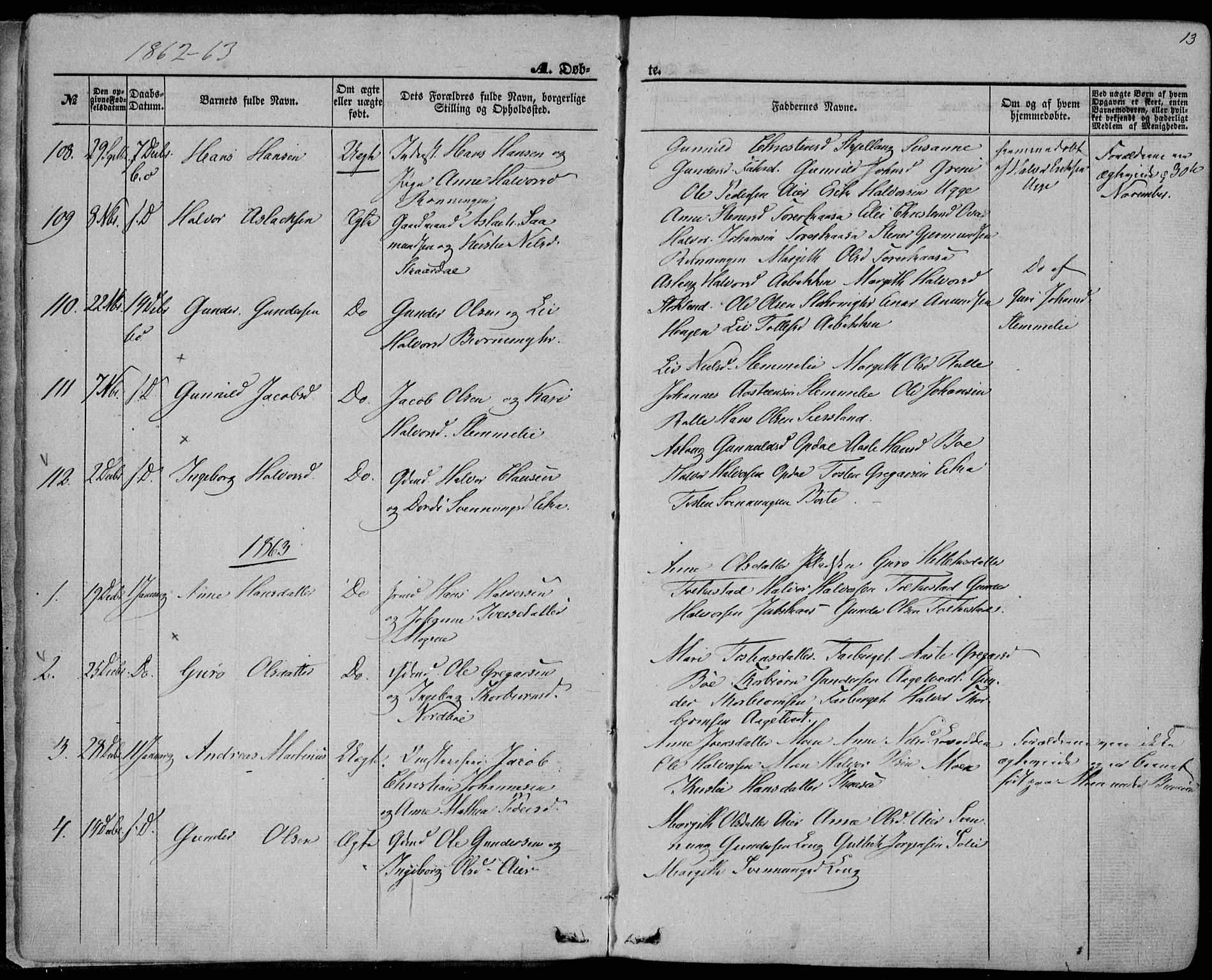 Bø kirkebøker, AV/SAKO-A-257/F/Fa/L0009: Ministerialbok nr. 9, 1862-1879, s. 13