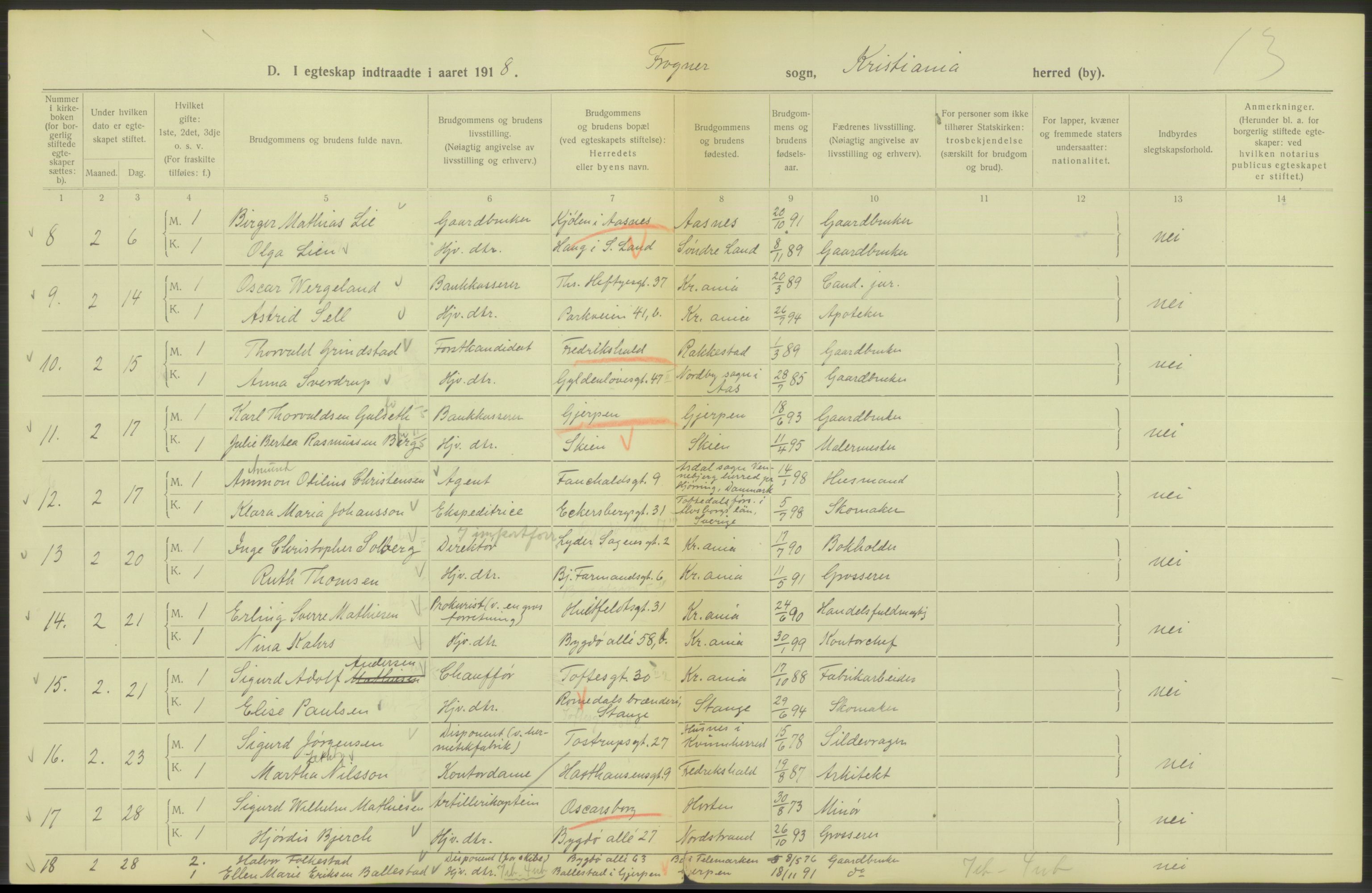 Statistisk sentralbyrå, Sosiodemografiske emner, Befolkning, AV/RA-S-2228/D/Df/Dfb/Dfbh/L0009: Kristiania: Gifte, 1918, s. 128