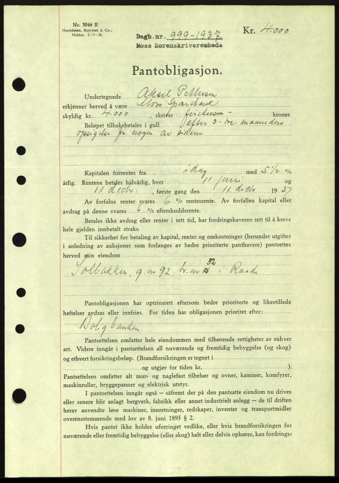 Moss sorenskriveri, SAO/A-10168: Pantebok nr. B3, 1937-1937, Dagboknr: 999/1937