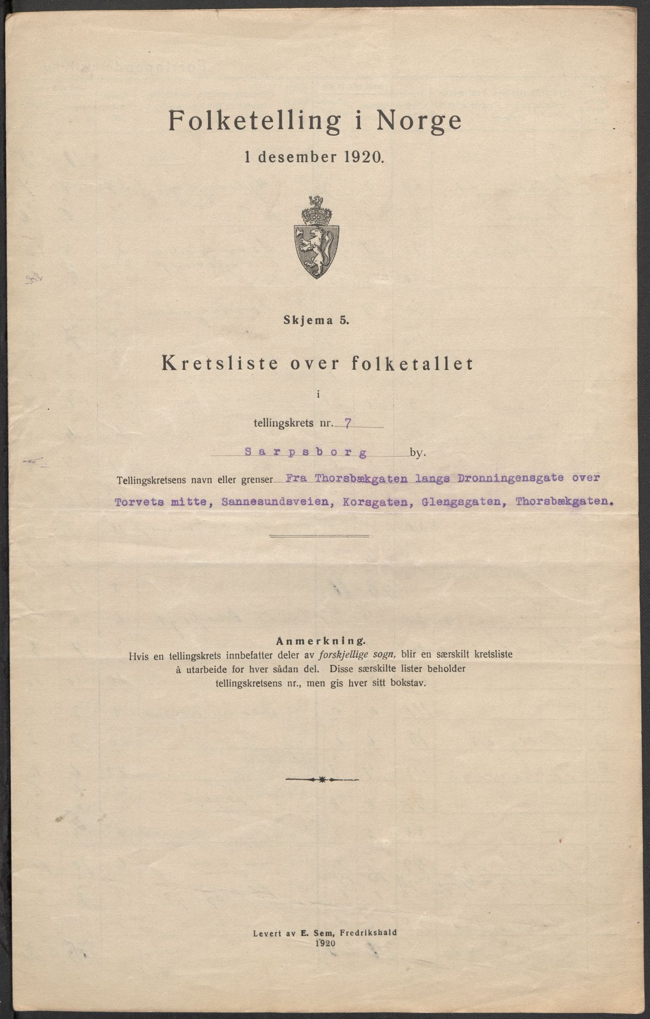SAO, Folketelling 1920 for 0102 Sarpsborg kjøpstad, 1920, s. 22