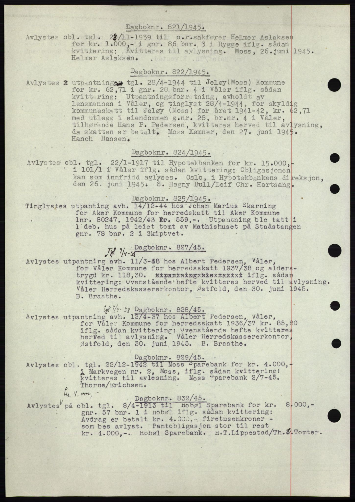 Moss sorenskriveri, SAO/A-10168: Pantebok nr. C10, 1938-1950, Dagboknr: 821/1945