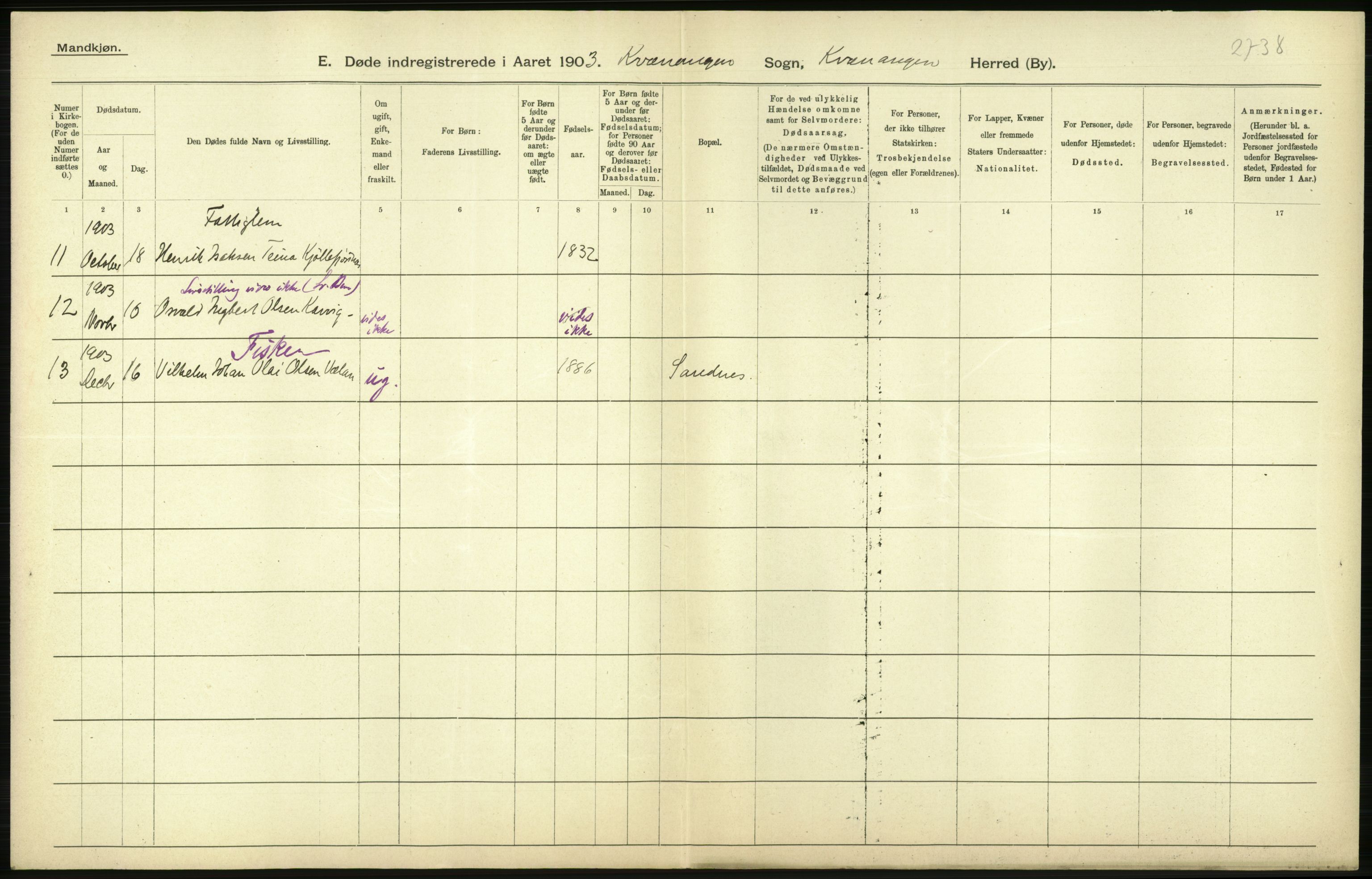 Statistisk sentralbyrå, Sosiodemografiske emner, Befolkning, RA/S-2228/D/Df/Dfa/Dfaa/L0021: Tromsø amt: Fødte, gifte, døde., 1903, s. 392