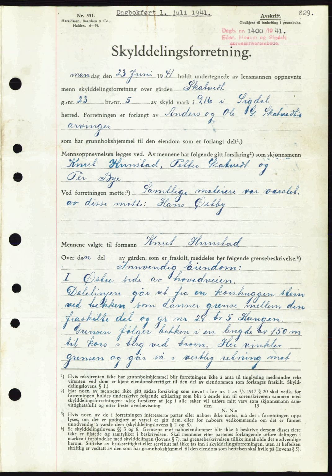 Eiker, Modum og Sigdal sorenskriveri, SAKO/A-123/G/Ga/Gab/L0043: Pantebok nr. A13, 1940-1941, Dagboknr: 1400/1941