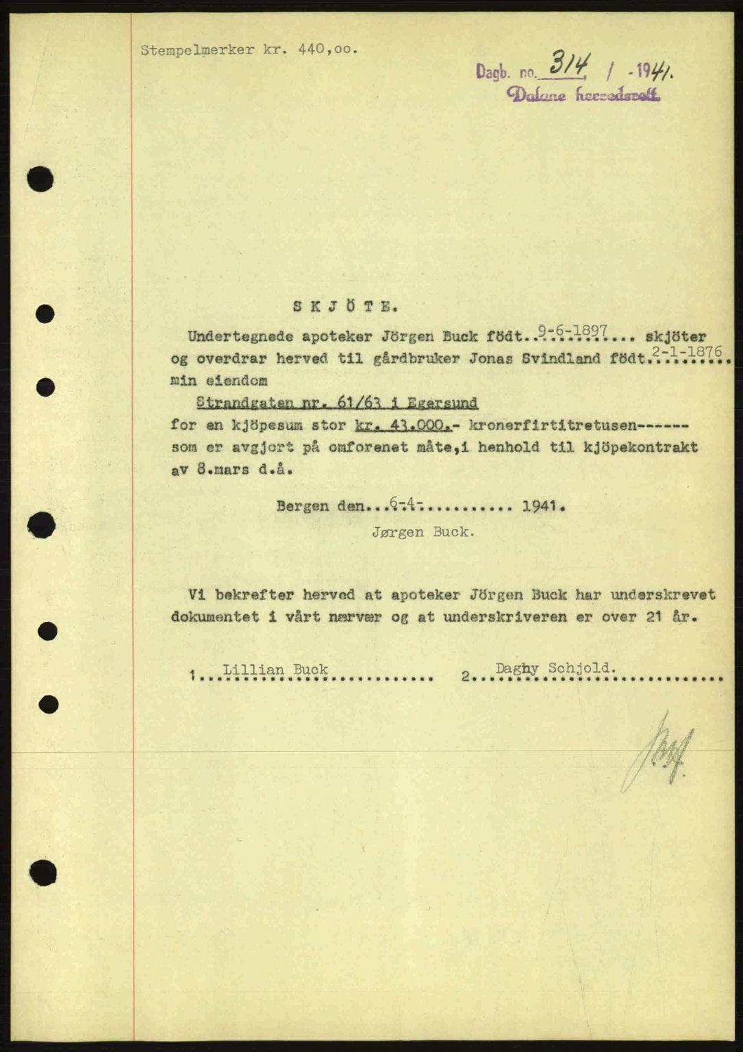 Dalane sorenskriveri, SAST/A-100309/02/G/Gb/L0044: Pantebok nr. A5, 1940-1941, Dagboknr: 314/1941