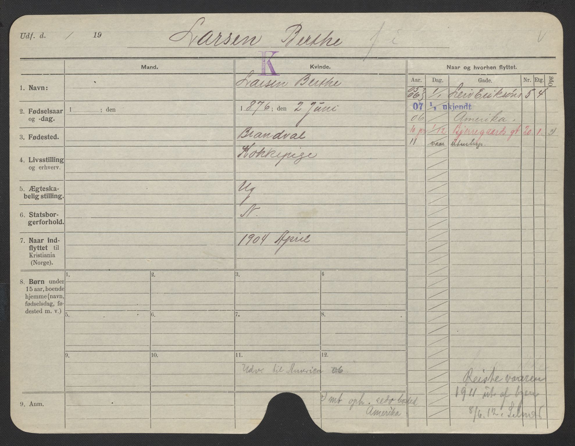 Oslo folkeregister, Registerkort, AV/SAO-A-11715/F/Fa/Fac/L0019: Kvinner, 1906-1914, s. 840a