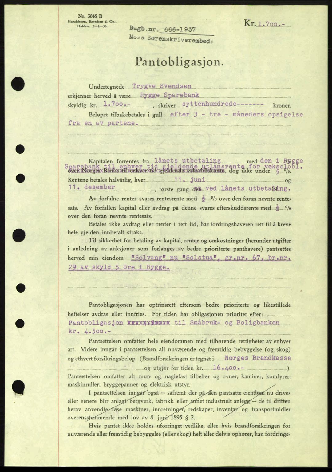 Moss sorenskriveri, SAO/A-10168: Pantebok nr. B3, 1937-1937, Dagboknr: 666/1937