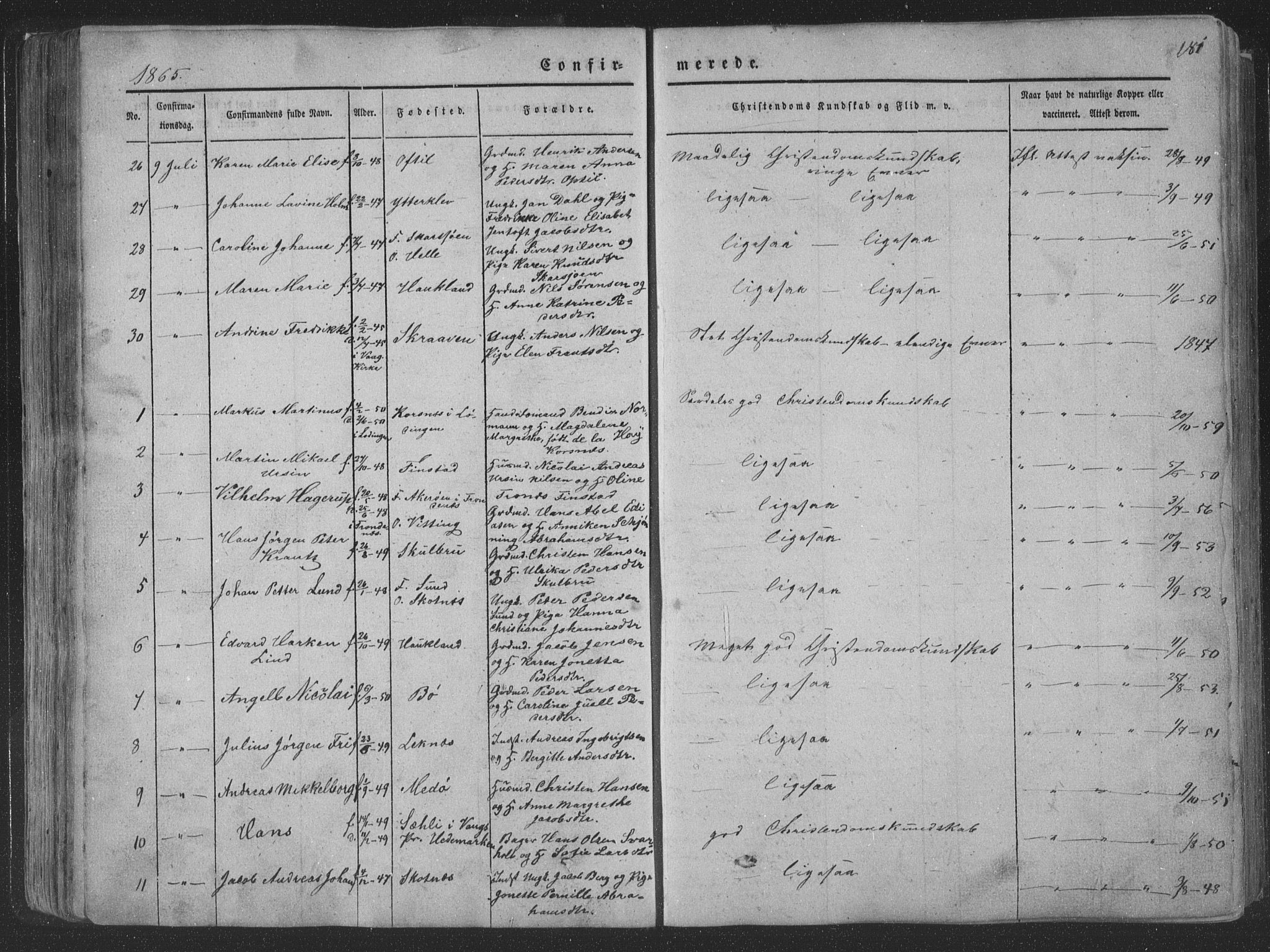 Ministerialprotokoller, klokkerbøker og fødselsregistre - Nordland, AV/SAT-A-1459/881/L1165: Klokkerbok nr. 881C02, 1854-1876, s. 181