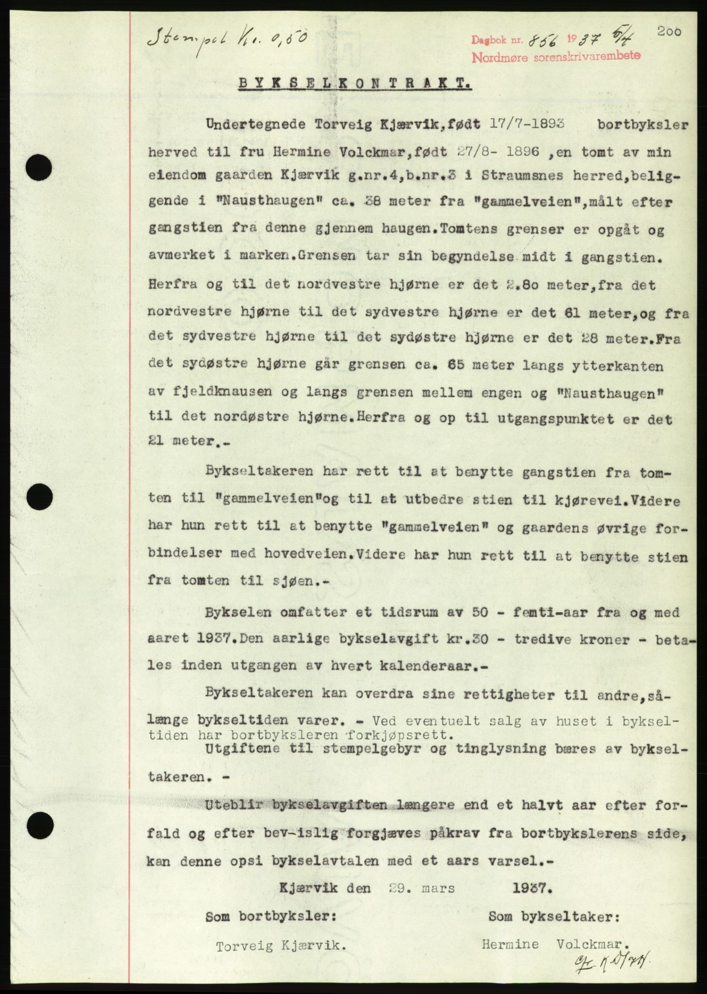 Nordmøre sorenskriveri, AV/SAT-A-4132/1/2/2Ca/L0091: Pantebok nr. B81, 1937-1937, Dagboknr: 856/1937