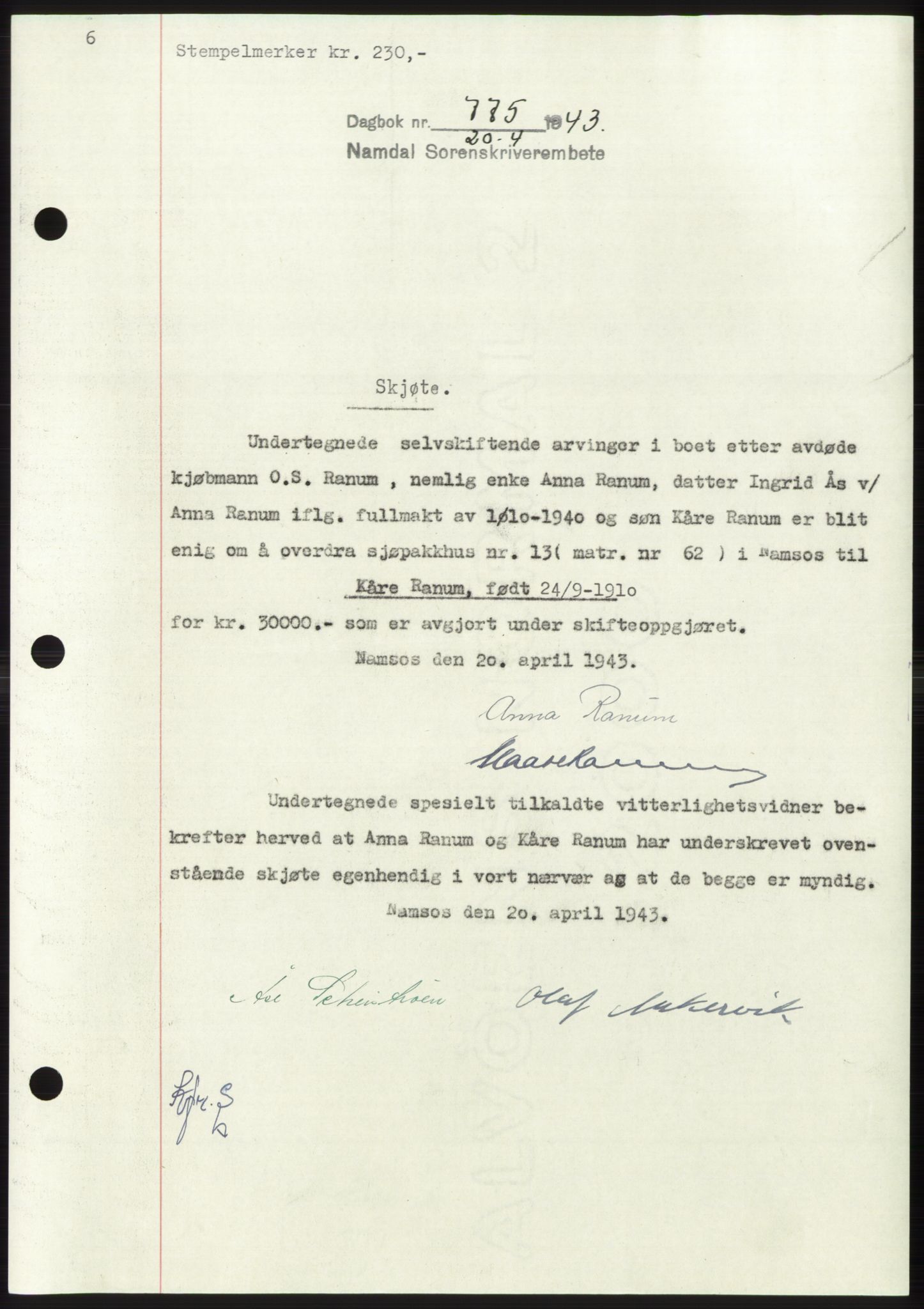Namdal sorenskriveri, SAT/A-4133/1/2/2C: Pantebok nr. -, 1942-1943, Dagboknr: 775/1943