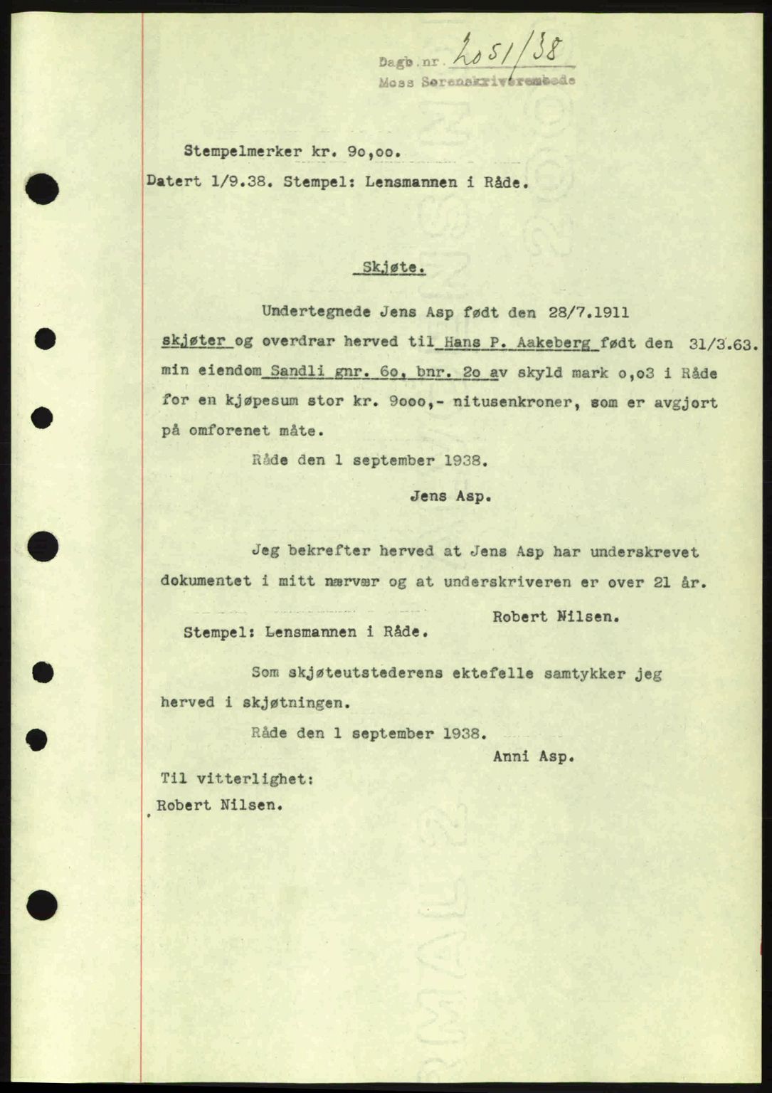 Moss sorenskriveri, SAO/A-10168: Pantebok nr. A4, 1938-1938, Dagboknr: 2051/1938