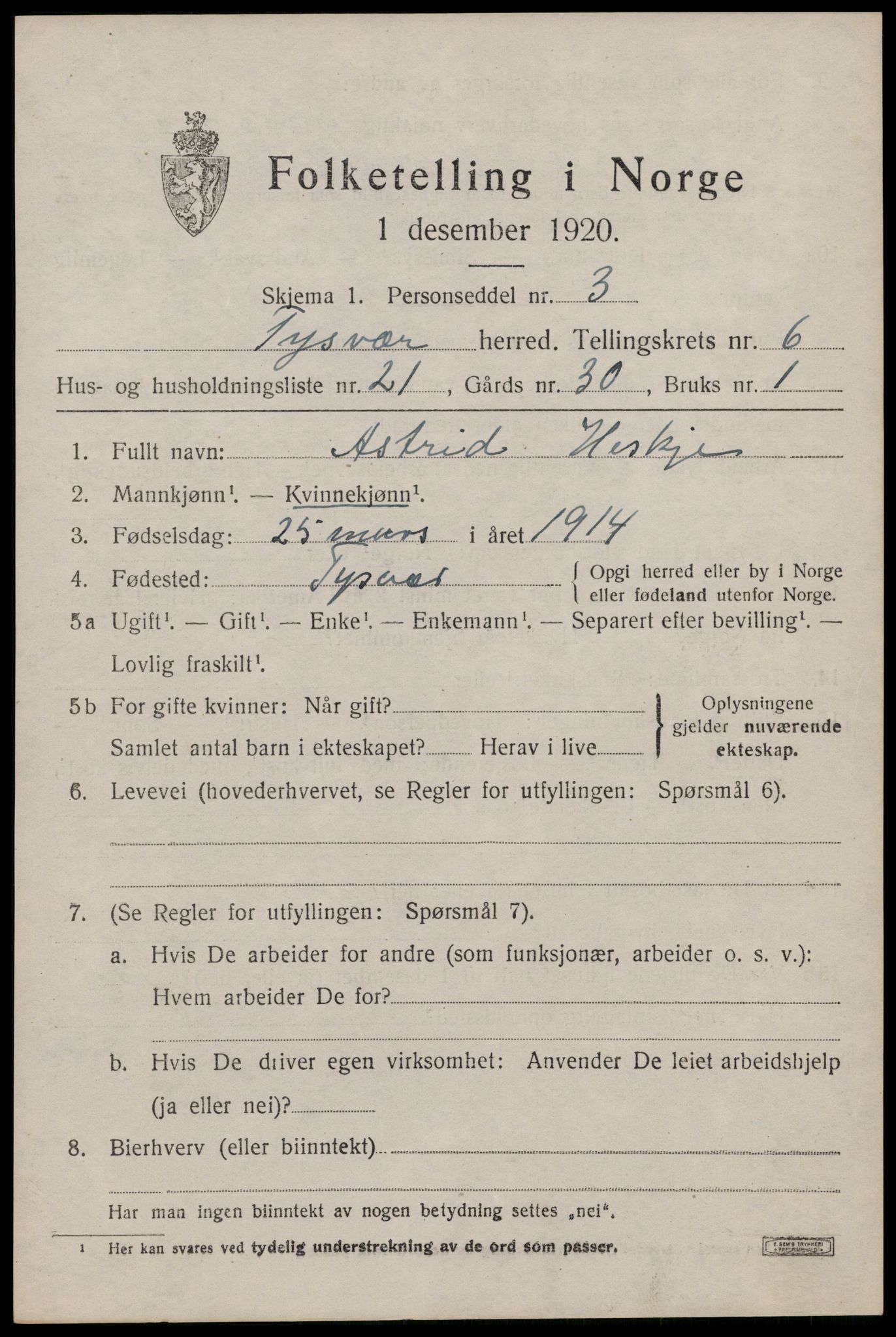 SAST, Folketelling 1920 for 1146 Tysvær herred, 1920, s. 2288