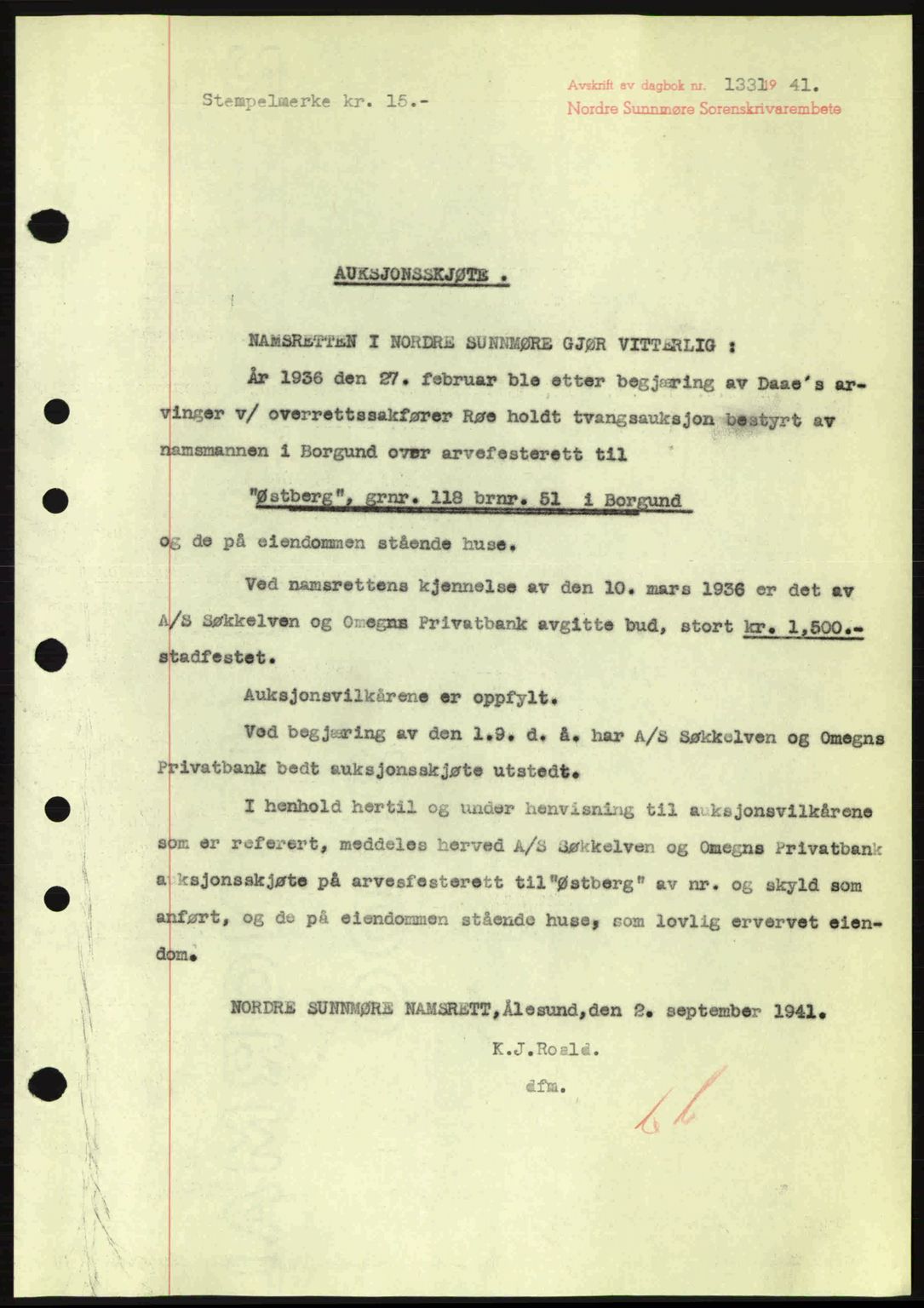 Nordre Sunnmøre sorenskriveri, SAT/A-0006/1/2/2C/2Ca: Pantebok nr. A11, 1941-1941, Dagboknr: 1331/1941