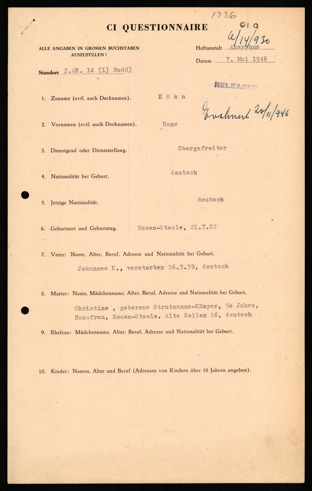 Forsvaret, Forsvarets overkommando II, AV/RA-RAFA-3915/D/Db/L0019: CI Questionaires. Tyske okkupasjonsstyrker i Norge. Tyskere., 1945-1946, s. 174