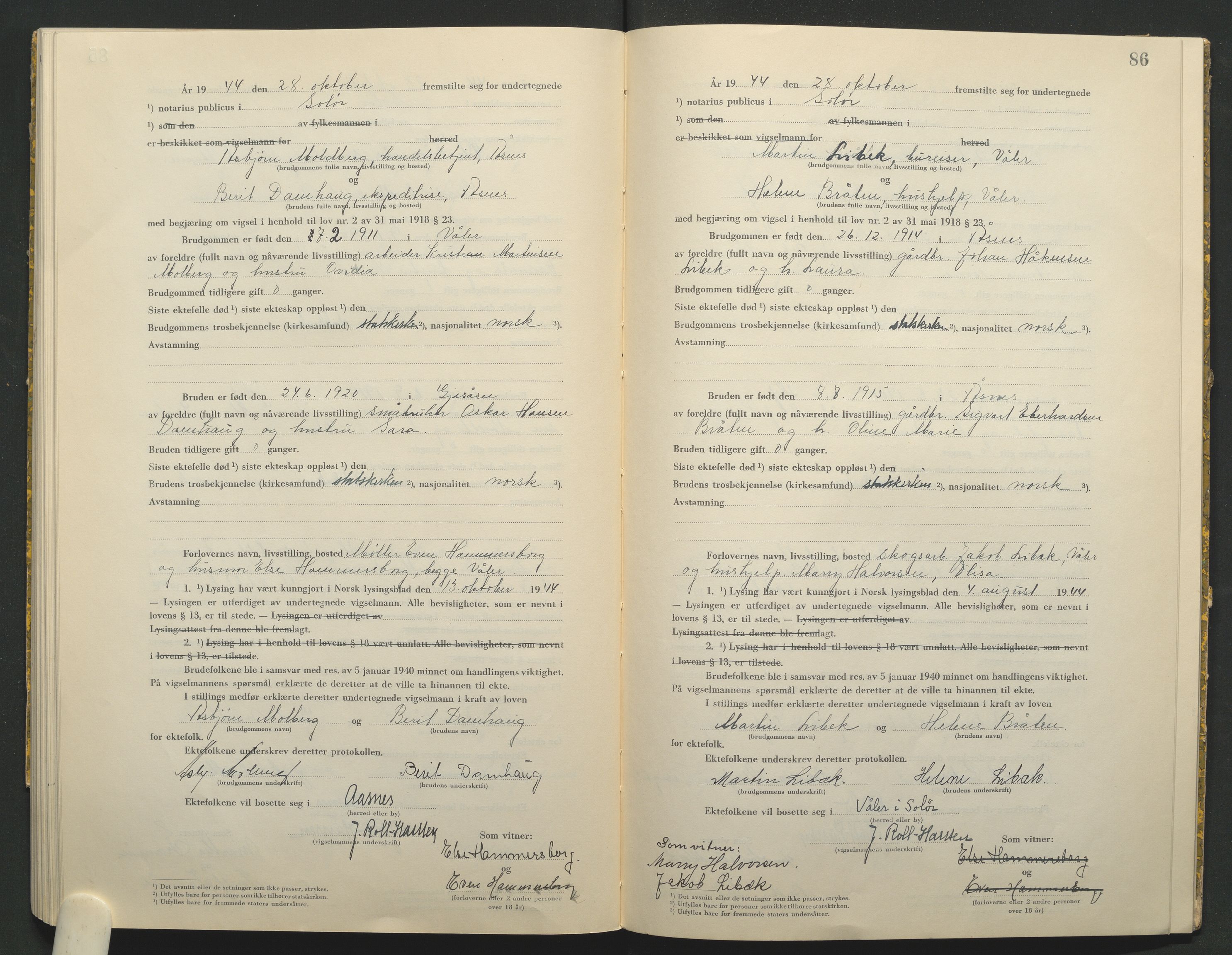 Solør tingrett, AV/SAH-TING-008/L/Lb/L0002: Vigselprotokoll, 1943-1944, s. 86