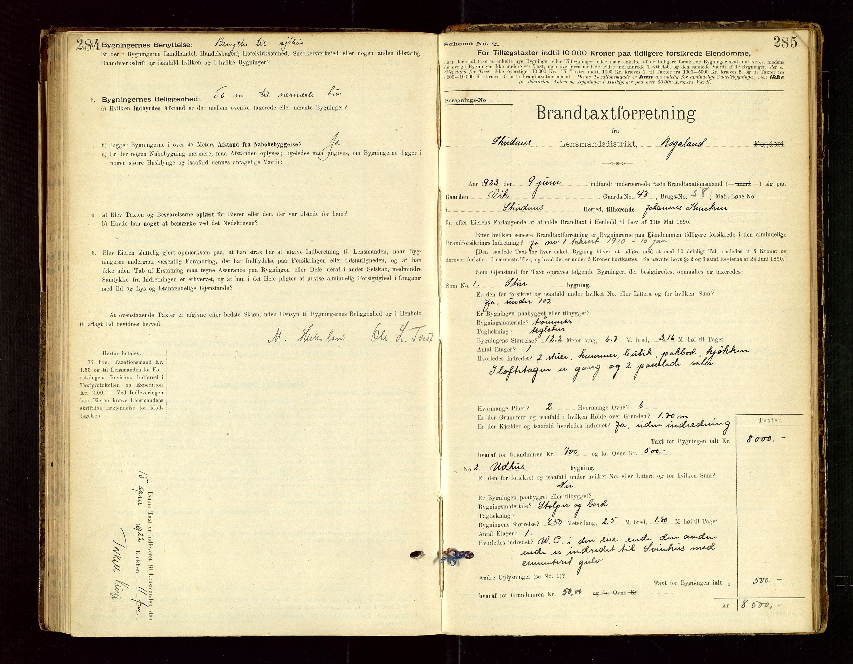 Skudenes lensmannskontor, SAST/A-100444/Gob/L0001: "Brandtaxationsprotokoll", 1895-1924, s. 284-285