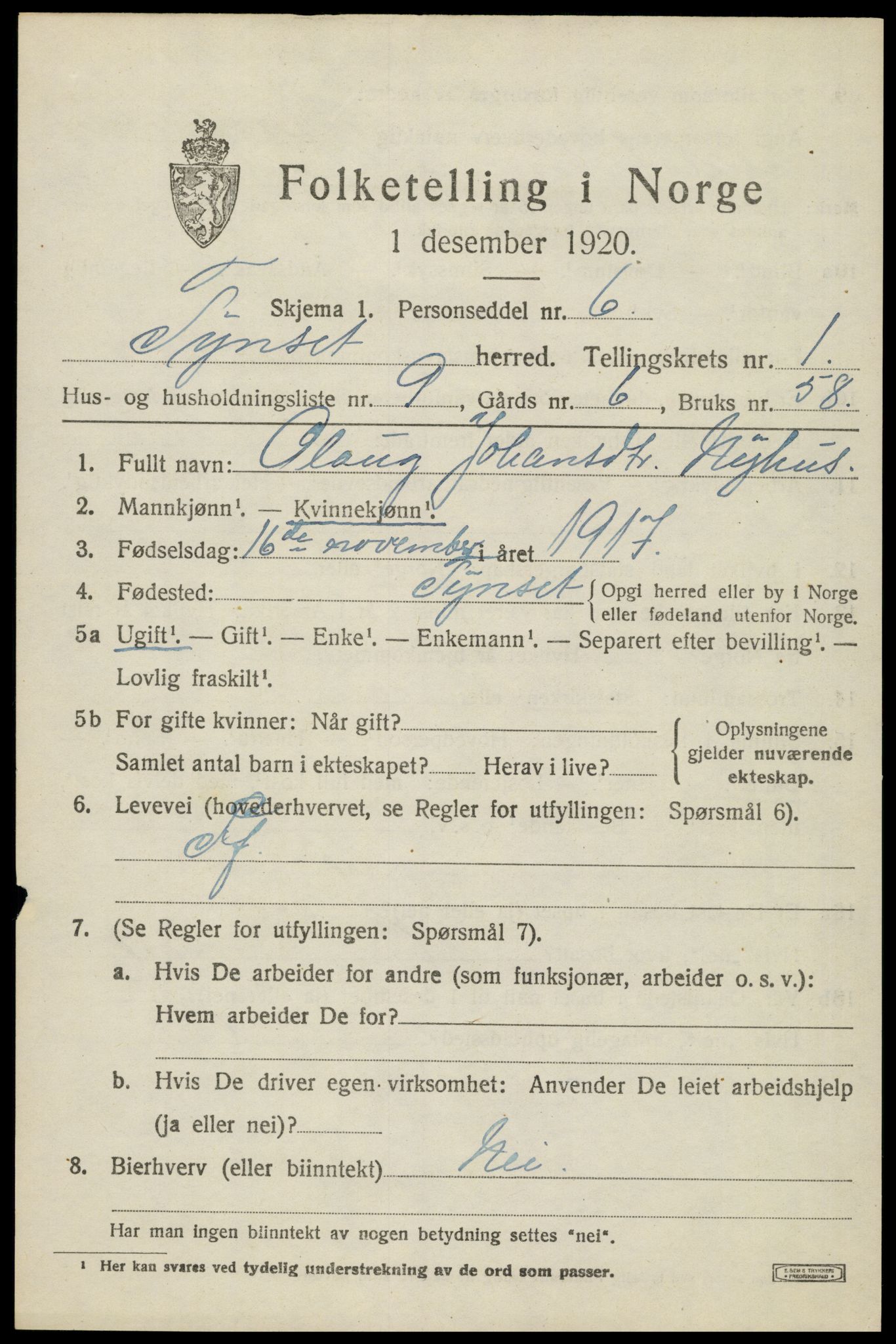 SAH, Folketelling 1920 for 0437 Tynset herred, 1920, s. 1628