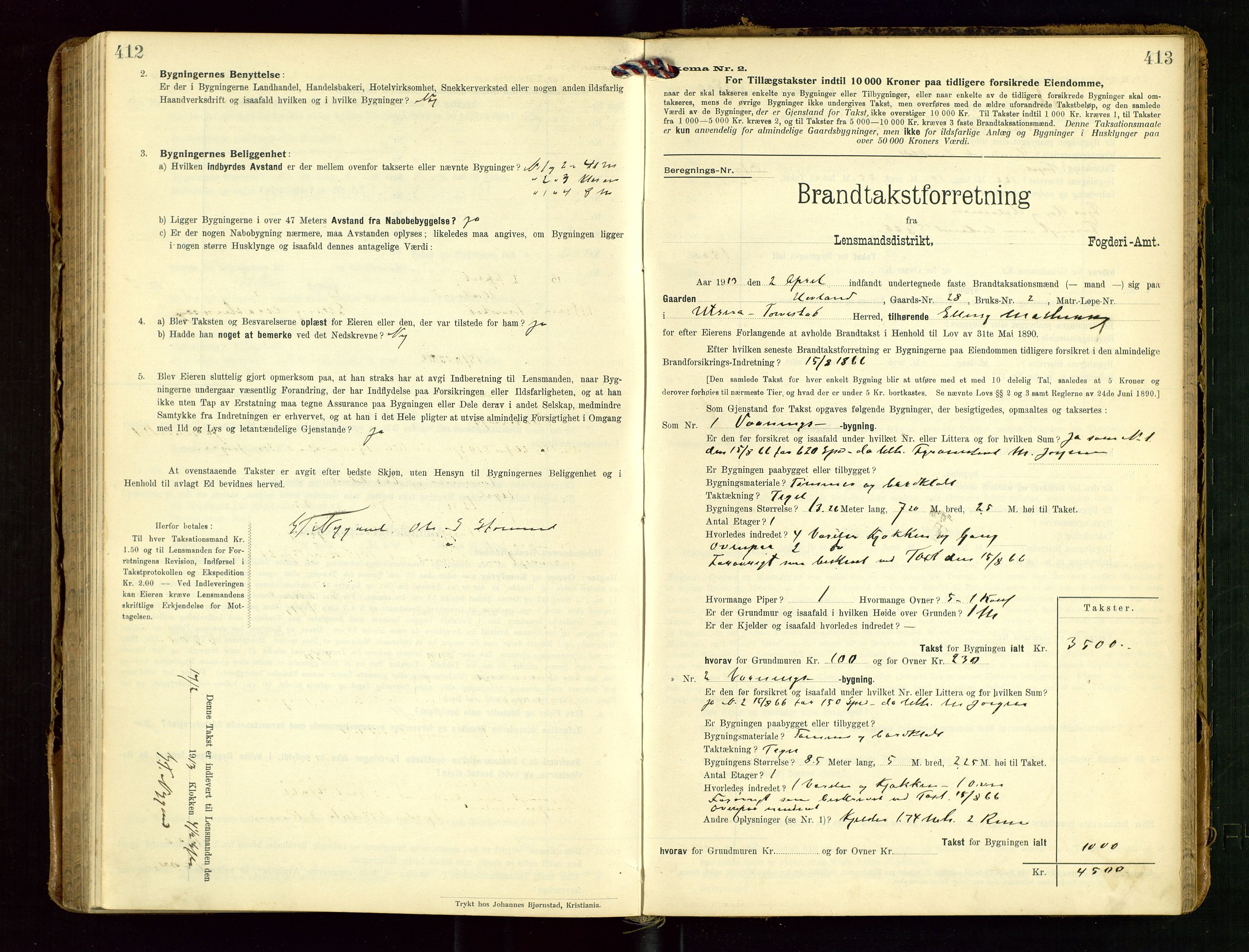 Torvestad lensmannskontor, AV/SAST-A-100307/1/Gob/L0004: "Brandtaxationsprotokol for Torvestad Lensmannsdistrikt", 1909-1923, s. 412-413